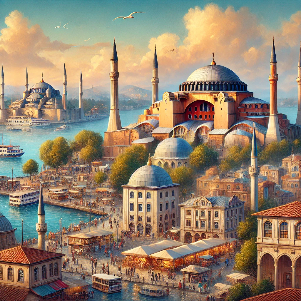 Picturesque view of Sultanahmet in Istanbul, Turkey, showcasing Hagia Sophia, the Blue Mosque, and Topkapi Palace with bustling markets and traditional Turkish architecture.