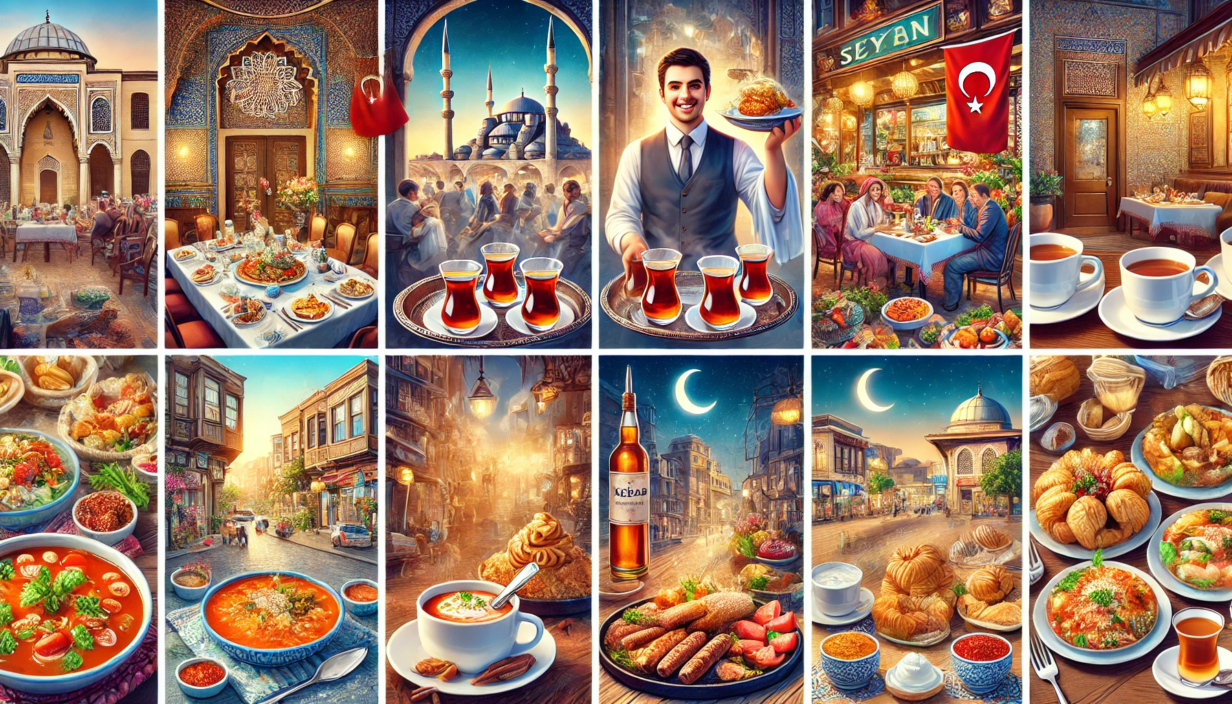 A vibrant scene showcasing various Turkish culinary experiences, including a traditional Turkish breakfast with tea, a waiter serving dishes in an upscale restaurant, a cozy diner with traditional Turkish dishes, a soup salon with steaming bowls of soup, a kebab house with grilled meats and mezes, and a pastry shop with baklava and other sweets.