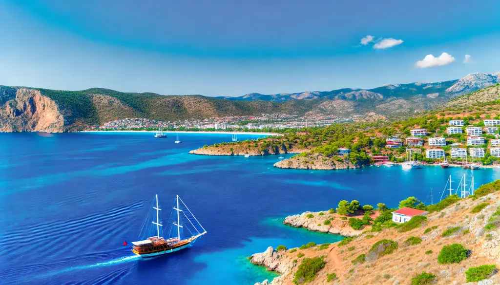 A beautiful scene of a blue cruise along the Turkish Riviera, showcasing a traditional wooden gulet sailing on the turquoise waters near the shores of Bodrum, Fethiye, Marmaris, Kaş, and Kalkan.