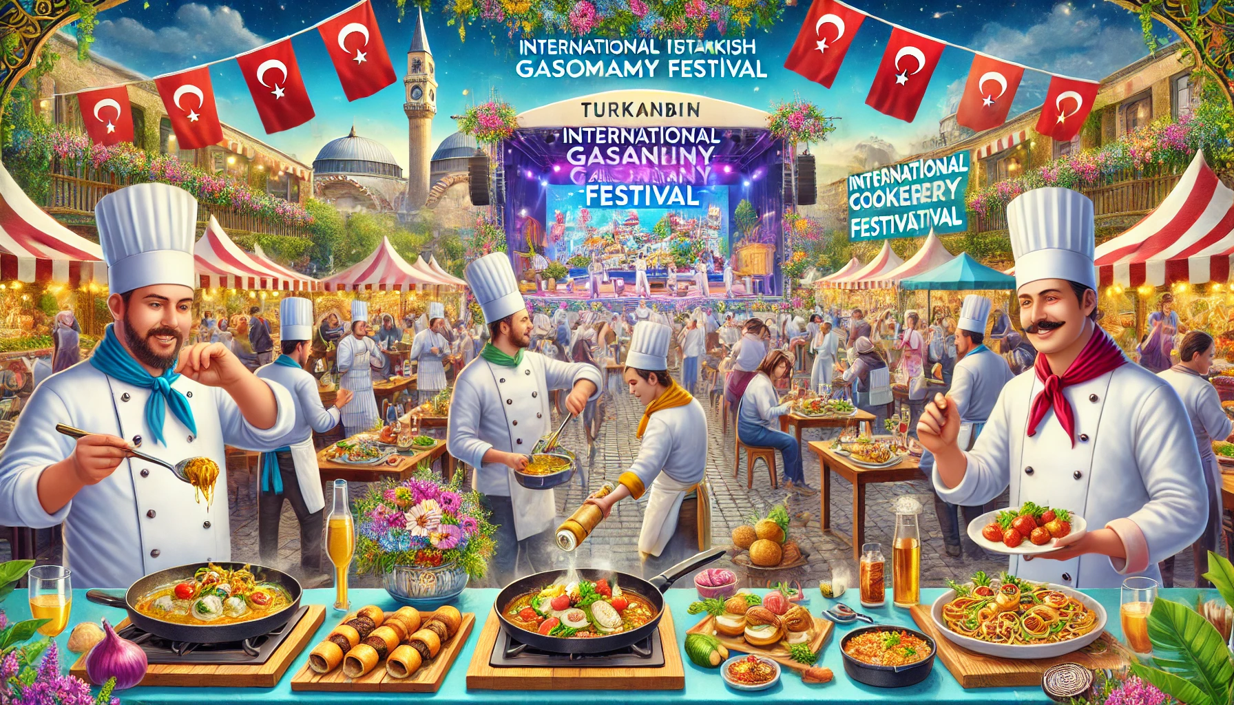 A vibrant scene showcasing a Turkish cuisine festival with chefs demonstrating cooking techniques, visitors sampling dishes, and beautifully presented traditional and modern Turkish dishes. Colorful decorations, food stalls, and a stage for chef presentations can be seen, with banners for International Istanbul Gastronomy Festival and International Mengen Cookery and Tourism Festival in the background.