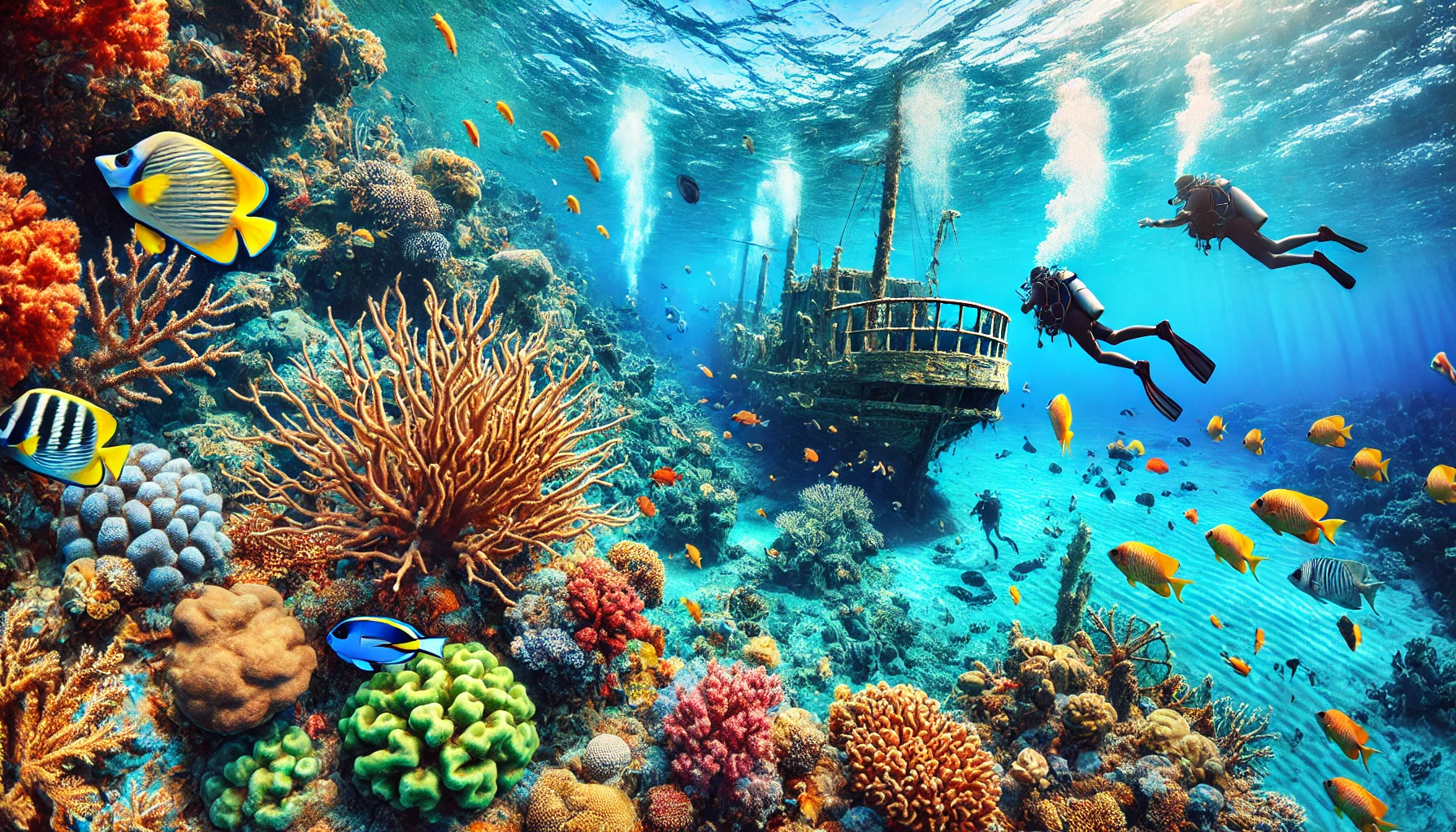 A breathtaking underwater view of Turkey's turquoise seas, showcasing vibrant marine life, colorful corals, and a historical shipwreck with divers exploring the scene.