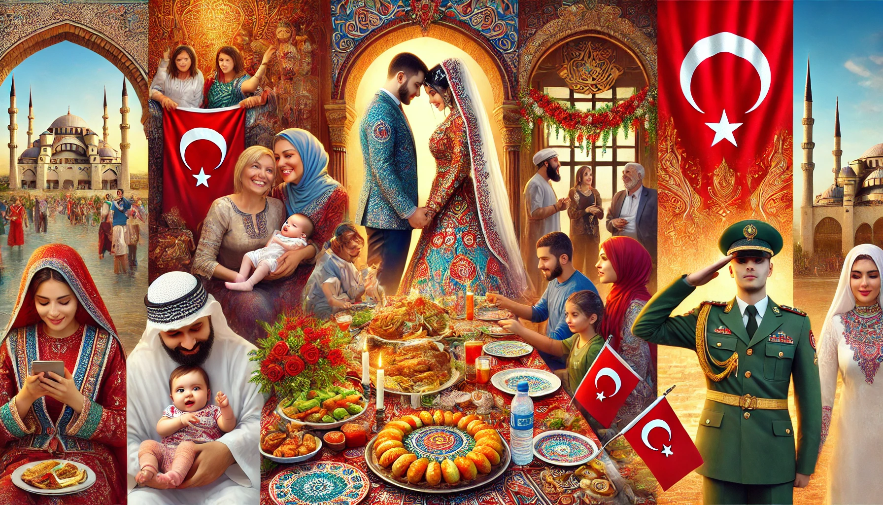 A vibrant collage depicting Turkish traditions: a joyous wedding celebration with traditional attire and henna night, a family gathering for a baby's forty days celebration, a festive Eid al-Fitr feast, and a military service sendoff with proud family members and Turkish flags.