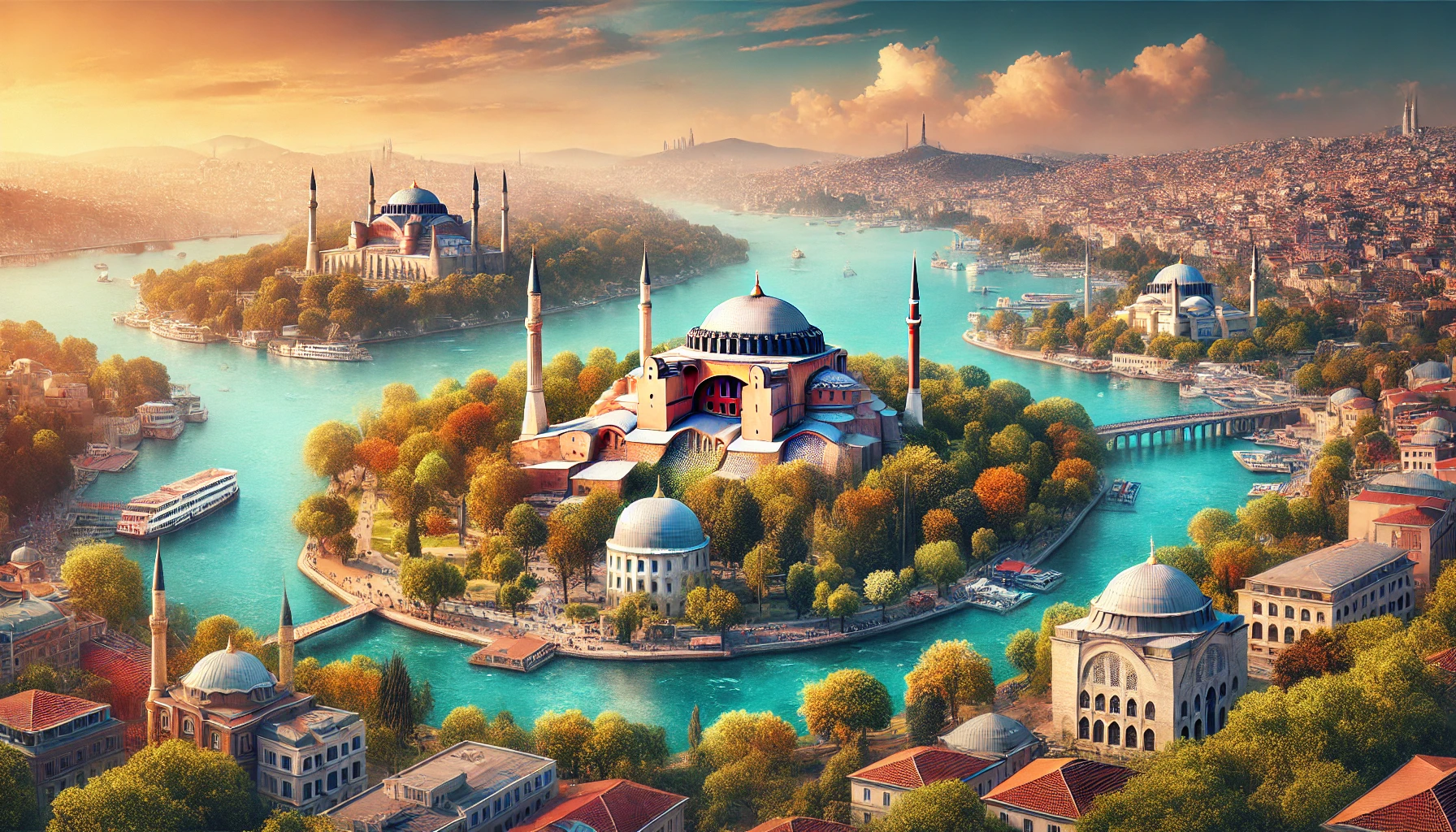 A stunning composite image featuring Istanbul's must-see attractions: Hagia Sophia and Blue Mosque on the Historical Peninsula, the tranquil Princes' Islands with lush greenery and historic mansions, the panoramic views from Çamlıca Hill, and the vibrant Istiklal Avenue in Beyoğlu.