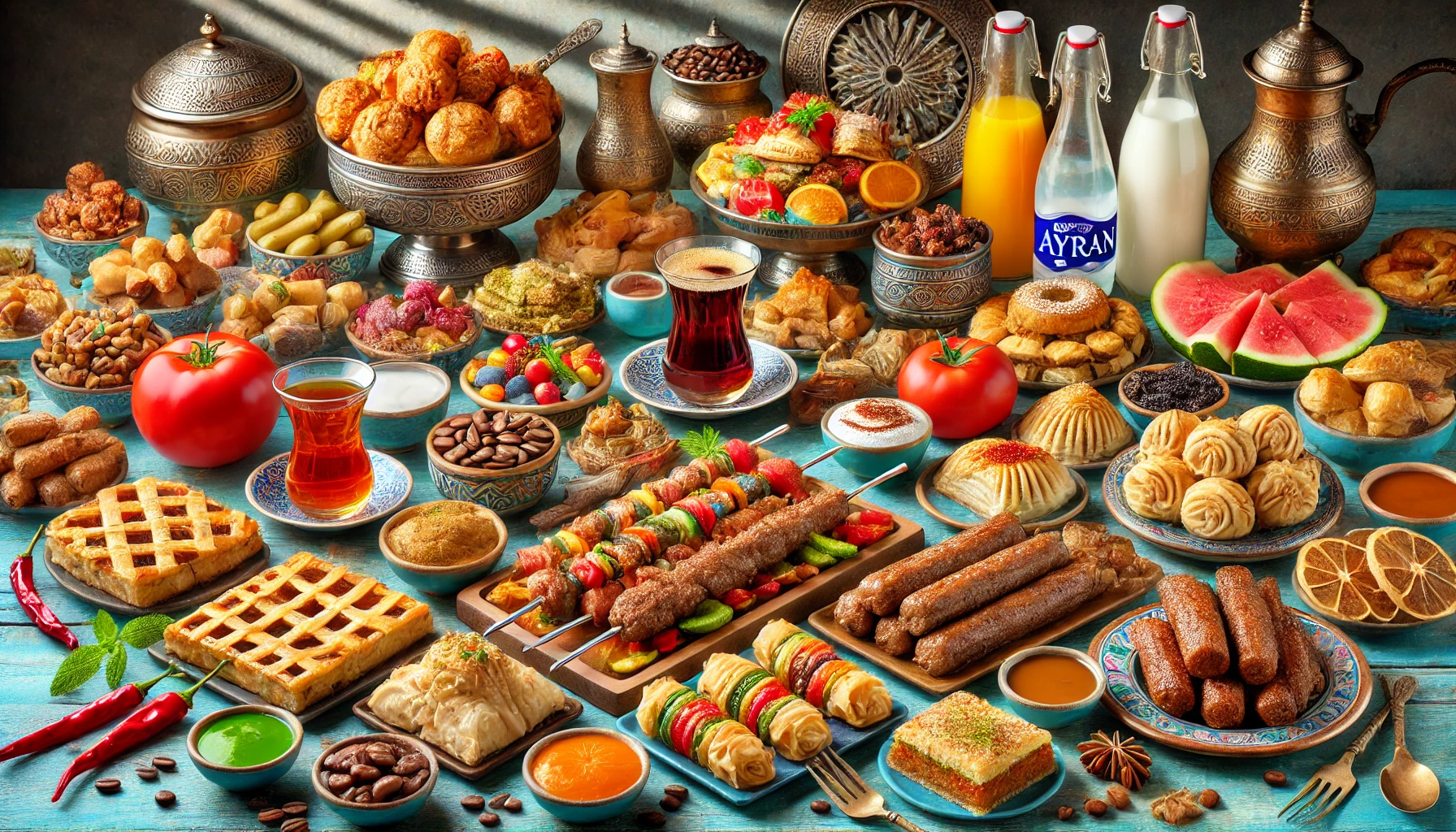 A vibrant display of Turkish cuisine showcasing traditional kebabs, pastries, diverse kinds of baklava, Turkish coffee, ayran, and syrups on a beautifully set table.