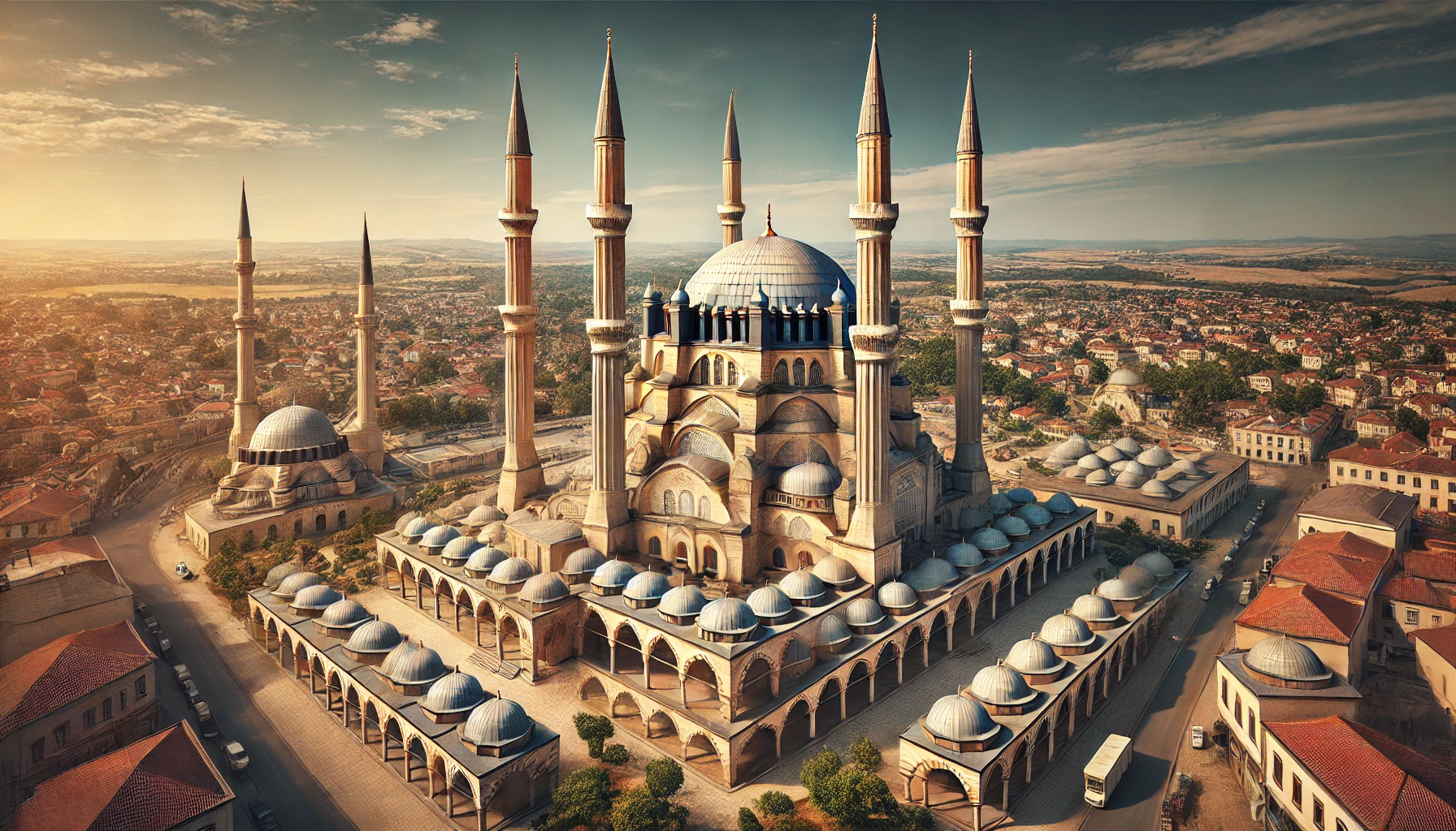 A stunning view of the Selimiye Mosque in Edirne, featuring its great dome, four slender minarets, and the surrounding complex including madrasas, a primary school, and a covered bazaar, against a clear blue sky.