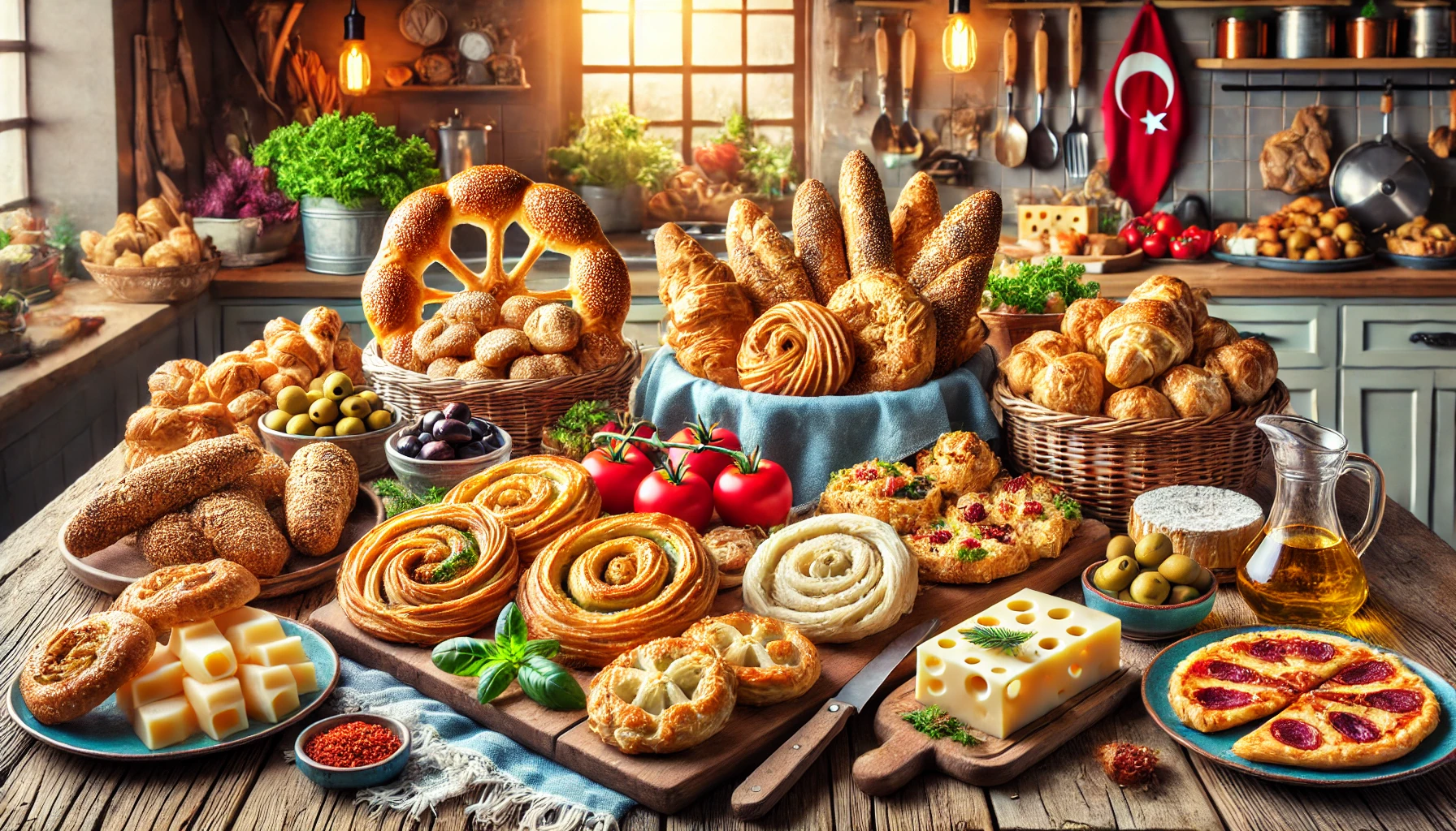 A vibrant scene showcasing a variety of Turkish pastries and breads, including Kayseri mantısı, gözleme, simit, bazlama, tandır ekmeği, açma, and kete. The breads and pastries are beautifully presented on a rustic wooden table with fresh ingredients like olives, cheese, and vegetables around them.