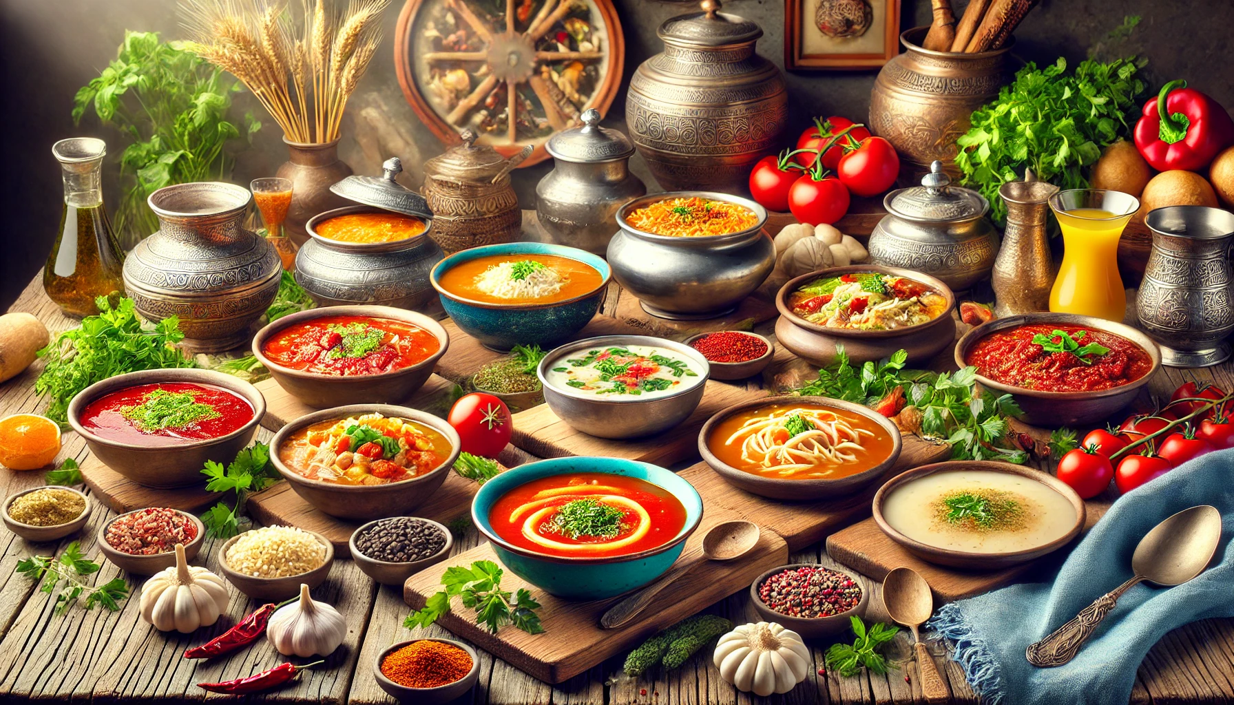 A vibrant scene showcasing a variety of traditional Turkish soups such as Tarhana, Yayla, Mercimek, Ezo Gelin, Yuvalama, Sütlü Mısır Unu, and Ayran Aşı, beautifully presented in traditional bowls on a rustic wooden table with fresh herbs, spices, and vegetables around them.