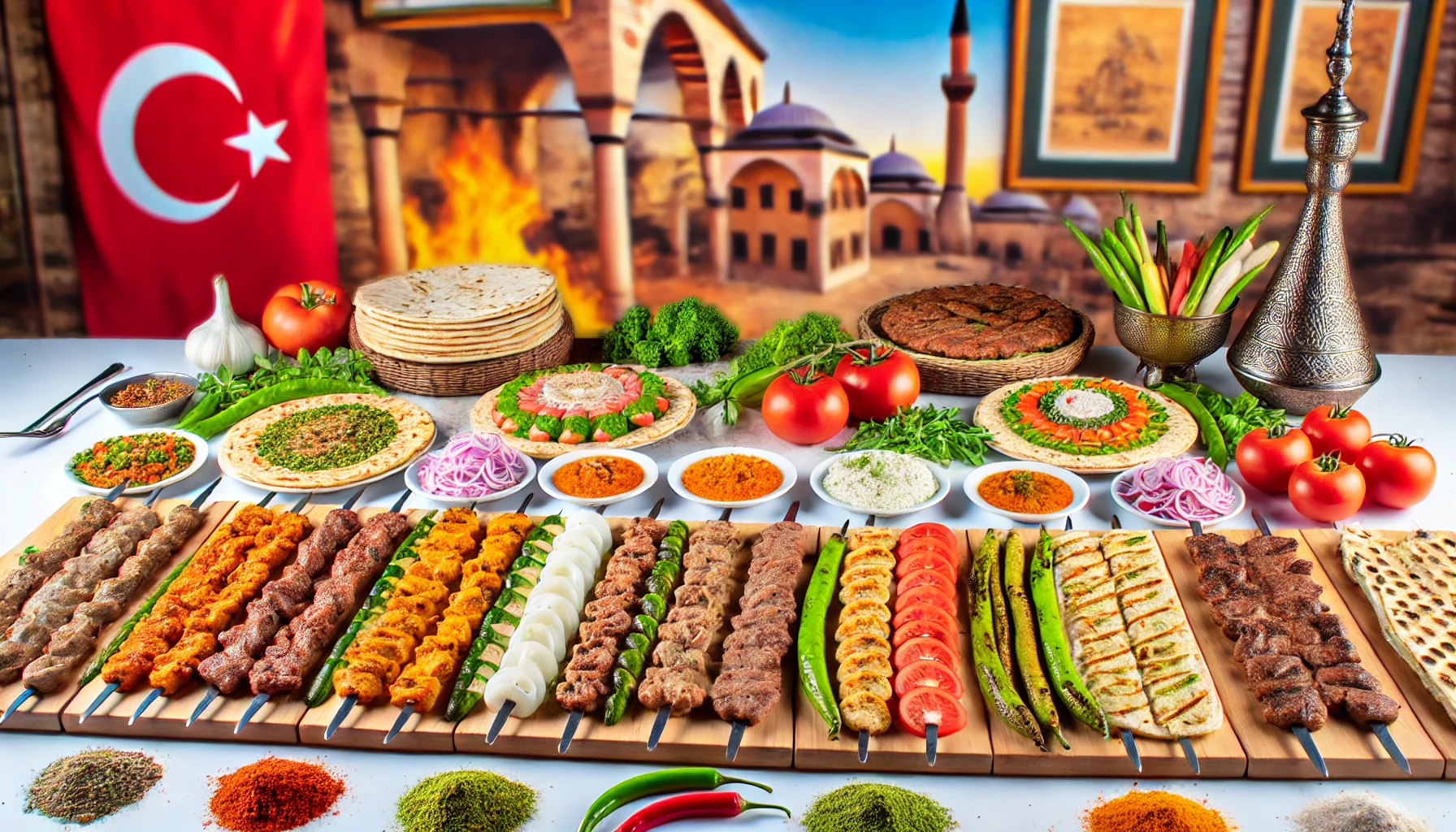 A vibrant scene showcasing the diversity of Turkish kebabs, including İskender, Adana, Urfa, Beyti, Avcı, Çökertme, Cağ, Orman, İncik, İstim, Kaburga, Testi, Kuyu, Kıyma, Kağıt, and Yörük kebabs, beautifully presented with fresh vegetables, herbs, and traditional flatbreads.