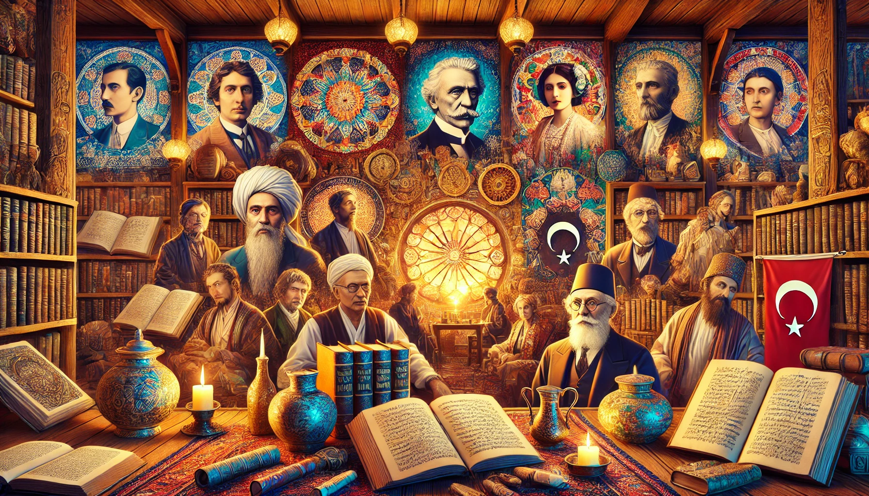 A vibrant scene showcasing the richness of Turkish literature, featuring traditional Turkish narrative elements such as legends, folk poetry, and manuscripts, alongside portraits of prominent authors like Orhan Pamuk, Nazim Hikmet, and Yaşar Kemal. The setting is a cozy, well-lit library filled with books and traditional Turkish decor.