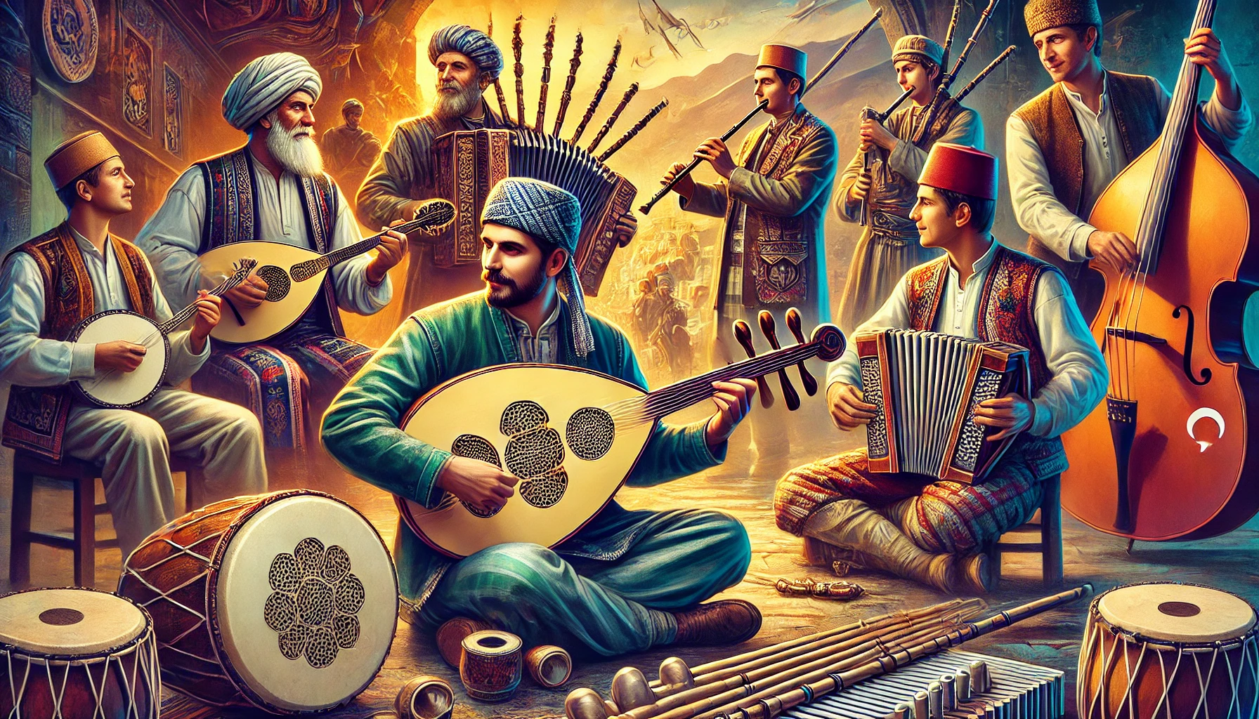 A vibrant scene showcasing traditional Anatolian music, featuring musicians playing the oud, zither (kanun), reed flute (ney), and bagpipe (tulum). The musicians are dressed in traditional Turkish attire, with a background reflecting a blend of historical and contemporary influences.