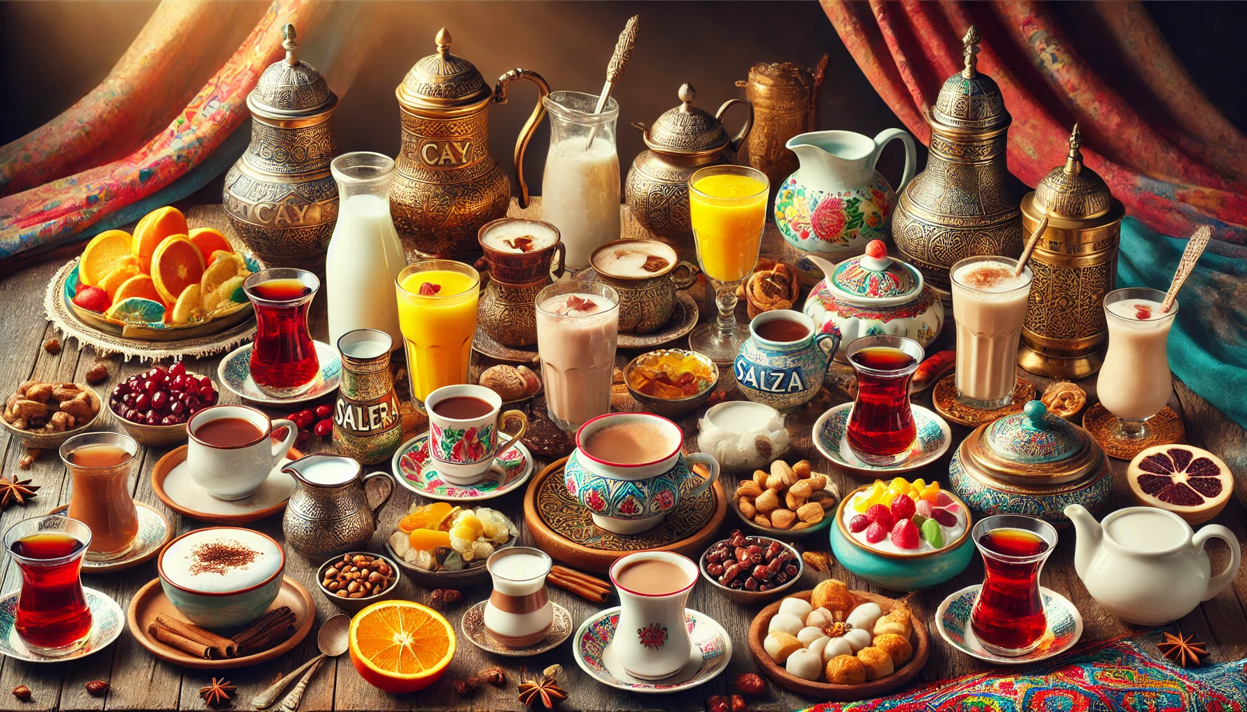 A vibrant scene showcasing a variety of traditional Turkish drinks, including çay (Turkish tea), Turkish coffee, ayran, salep, boza, şıra, şalgam suyu, şerbet, and şurup, beautifully presented with traditional Turkish decor.