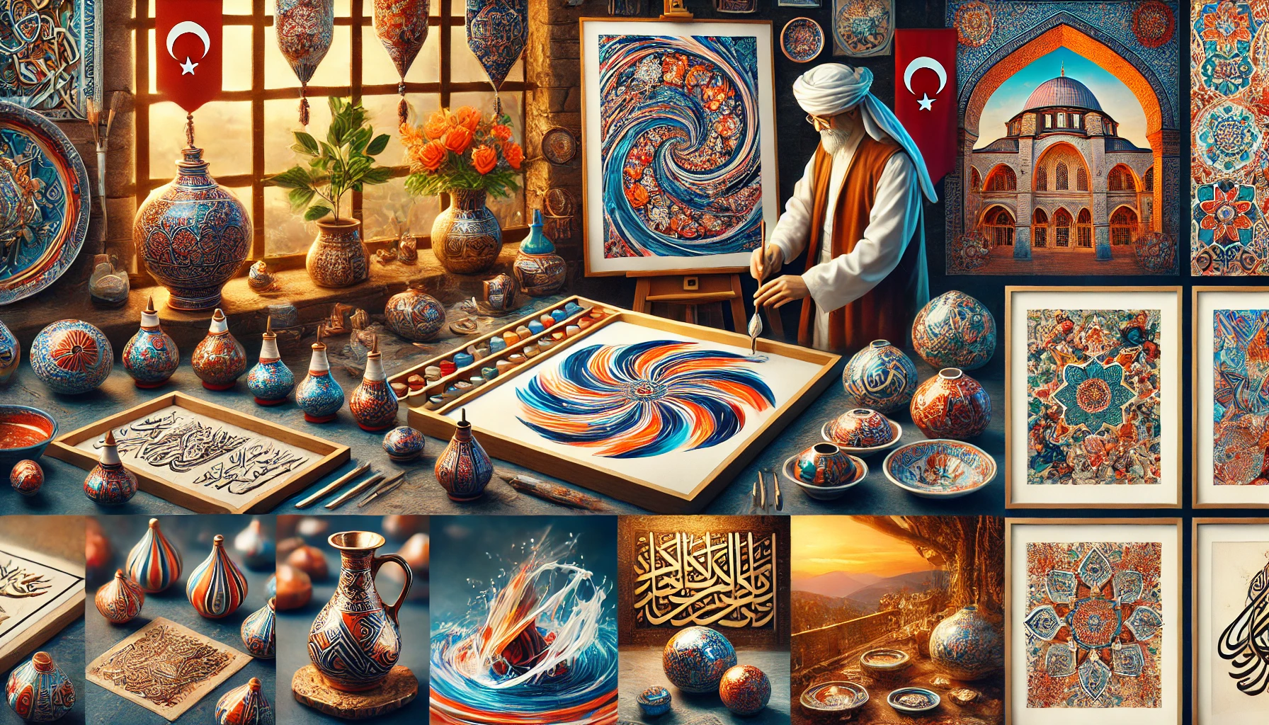 A vibrant scene showcasing traditional Turkish fine arts and handicrafts, featuring an artisan creating ebru (marbling) patterns, a display of hat (calligraphy) works, beautifully designed çini (ceramics), and captivating photography. The setting includes a cozy workshop with various tools and materials.