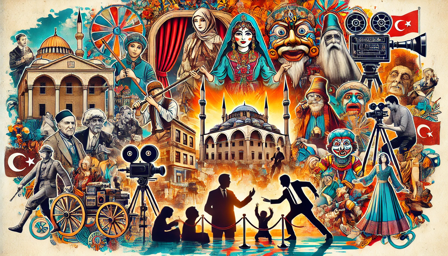 A vibrant collage showcasing traditional Turkish theatre and contemporary Turkish cinema, including scenes of Karagöz shadow play, Meddah storytelling, puppet theatre, Ortaoyunu performances, a modern film set, and a film festival red carpet event.