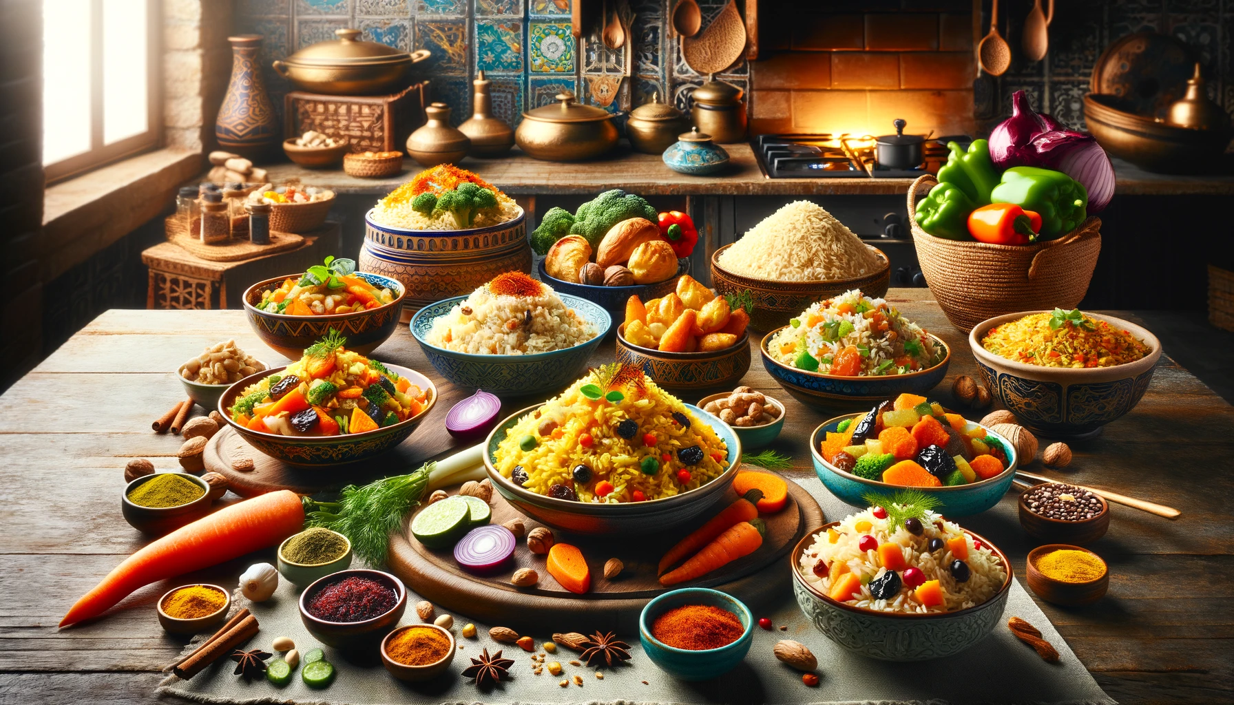 A vibrant scene showcasing the versatility of Turkish pilaf, featuring various types including plain rice pilaf, saffron pilaf, pastry pilaf, vegetable pilaf, and pilaf with dried fruit. Each dish is beautifully presented with fresh ingredients like vegetables, nuts, and spices.