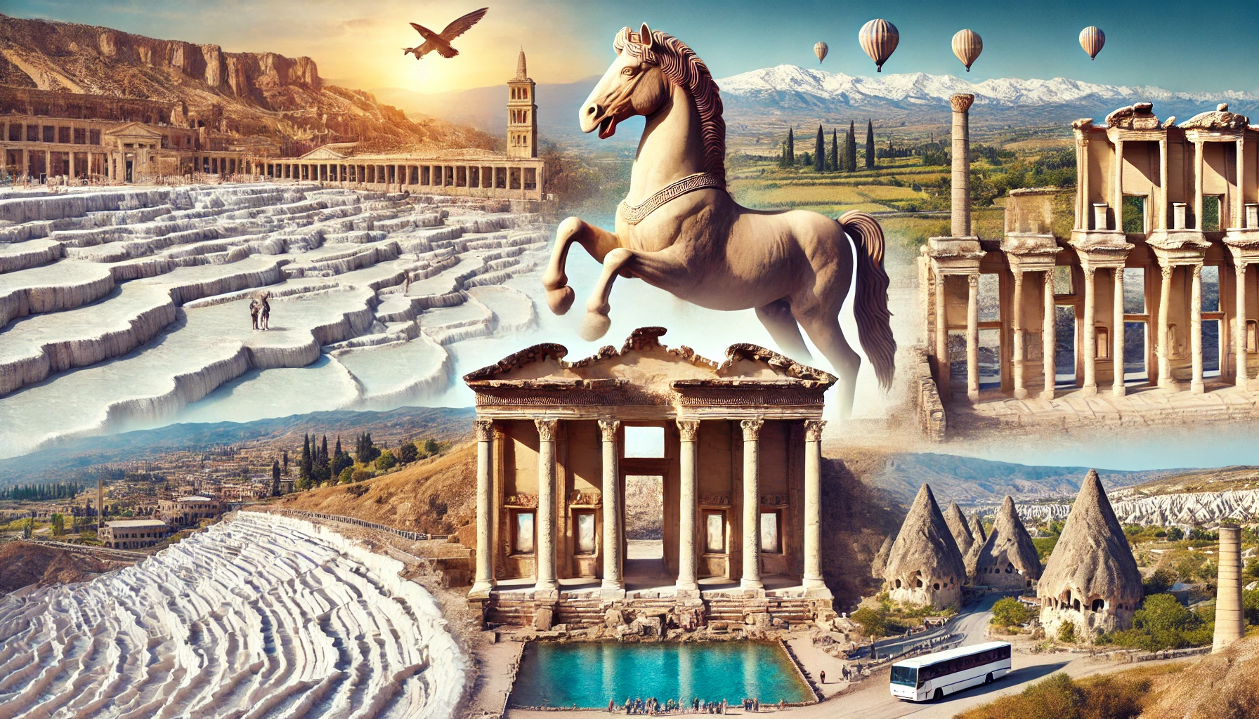 A stunning composite image featuring the UNESCO World Heritage sites of Troy, Hierapolis, and Cappadocia in Turkey. The image includes the ancient ruins of Troy with the wooden horse, the white terraces of Pamukkale at Hierapolis, and the unique fairy chimneys and cave dwellings of Cappadocia.