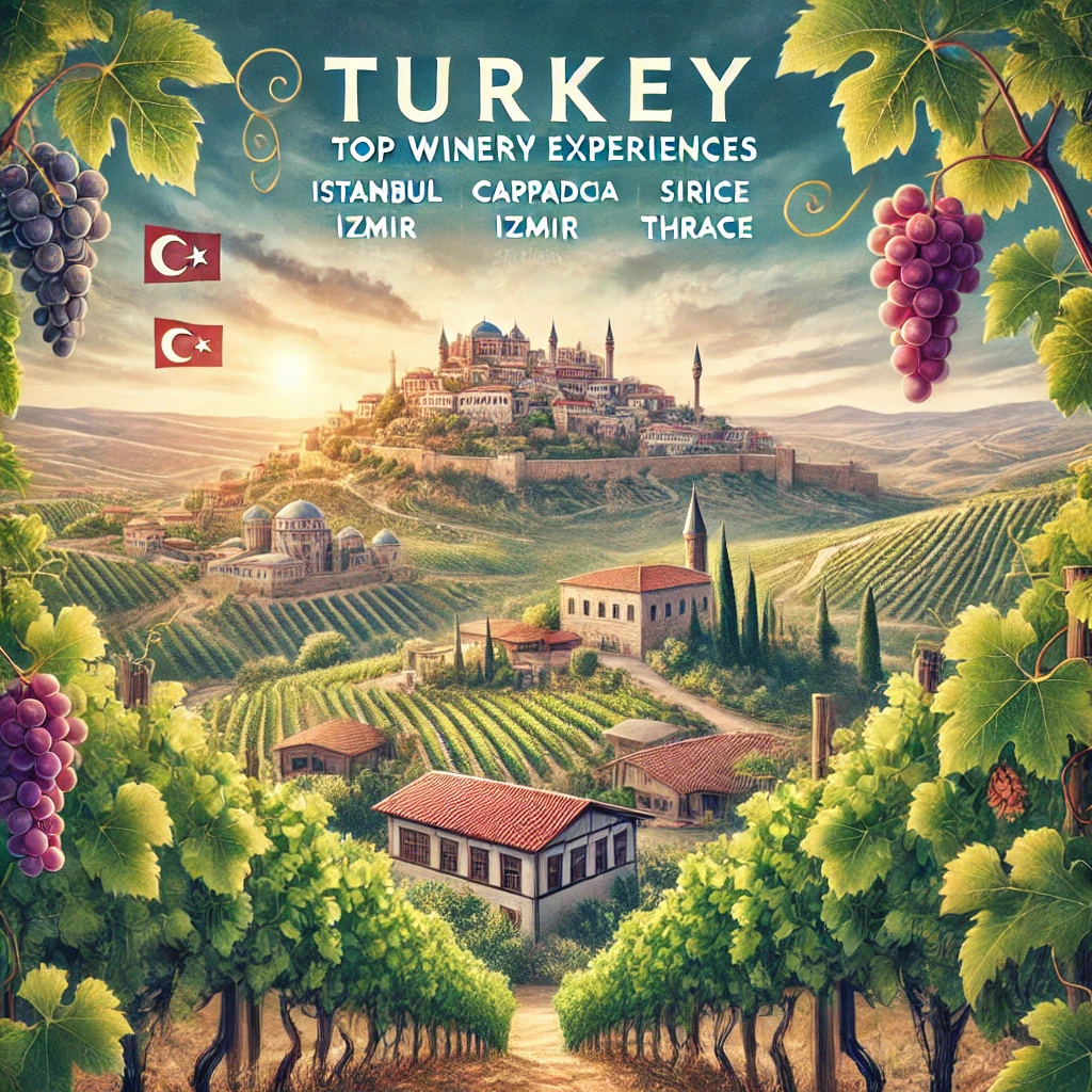 A picturesque view of vineyards in Turkey, showcasing the lush grapevines and scenic landscape with historic buildings in the background.