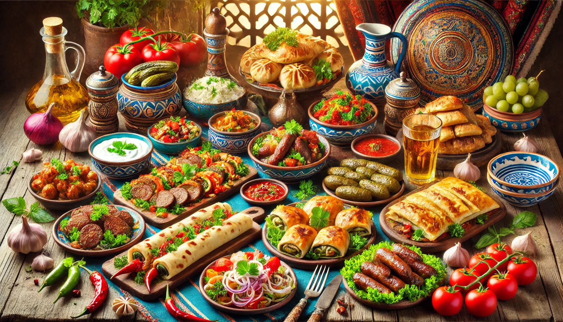 Traditional Rumelian dishes on a rustic table, including Börek, Cevapi, Sogan Dolma, and Tarator with fresh herbs and vegetables.