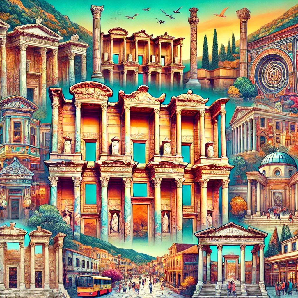 A vibrant collage showcasing various top-rated tourist attractions in the city of Ephesus, Turkey, including iconic landmarks such as the Library of Celsus, the Great Theatre, and the Temple of Artemis.