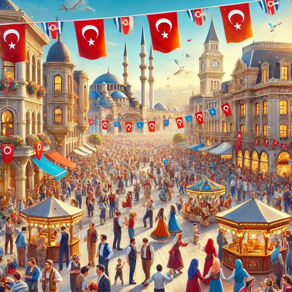 Lively city square in Turkey during a holiday celebration with decorations, flags, and people in traditional attire.