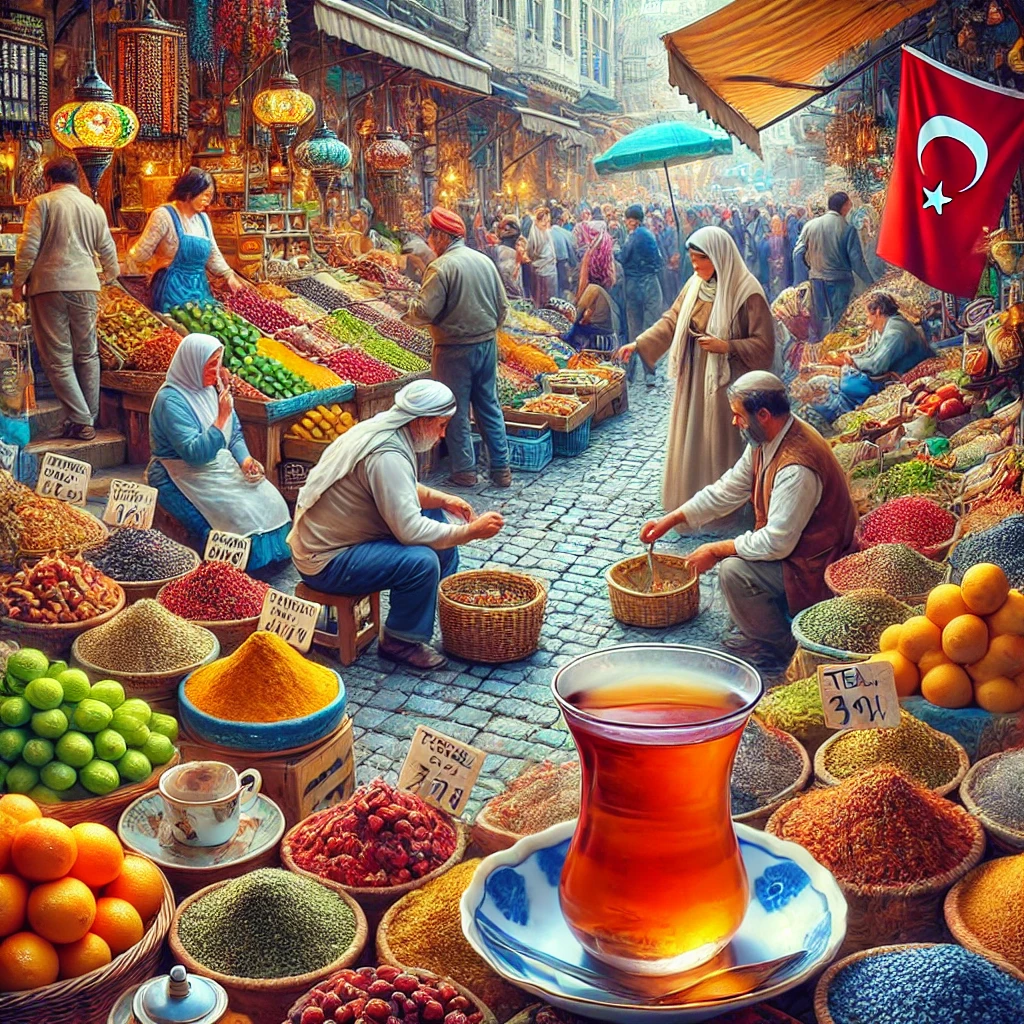 A vibrant scene of a bustling Turkish market with colorful stalls filled with spices, fruits, and handmade goods.