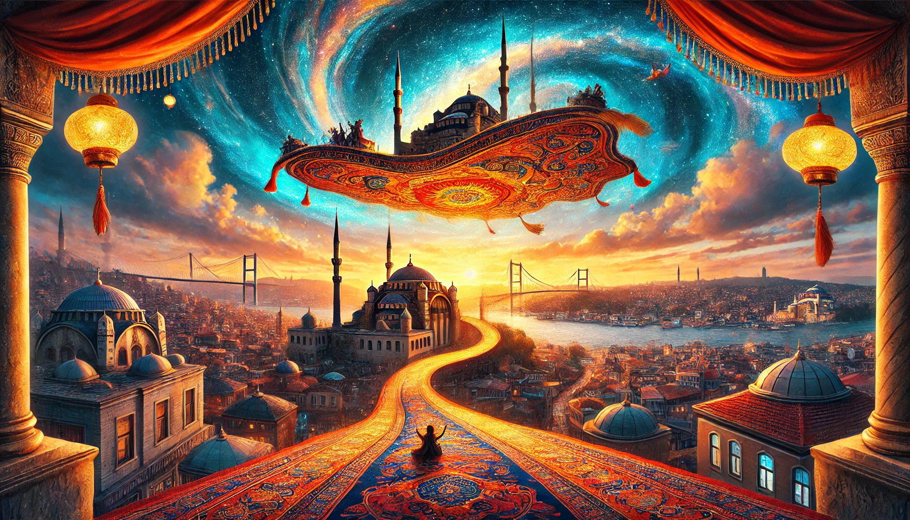 Magic carpet flying over Istanbul skyline at sunset, featuring Hagia Sophia, Blue Mosque, and Bosphorus Bridge.