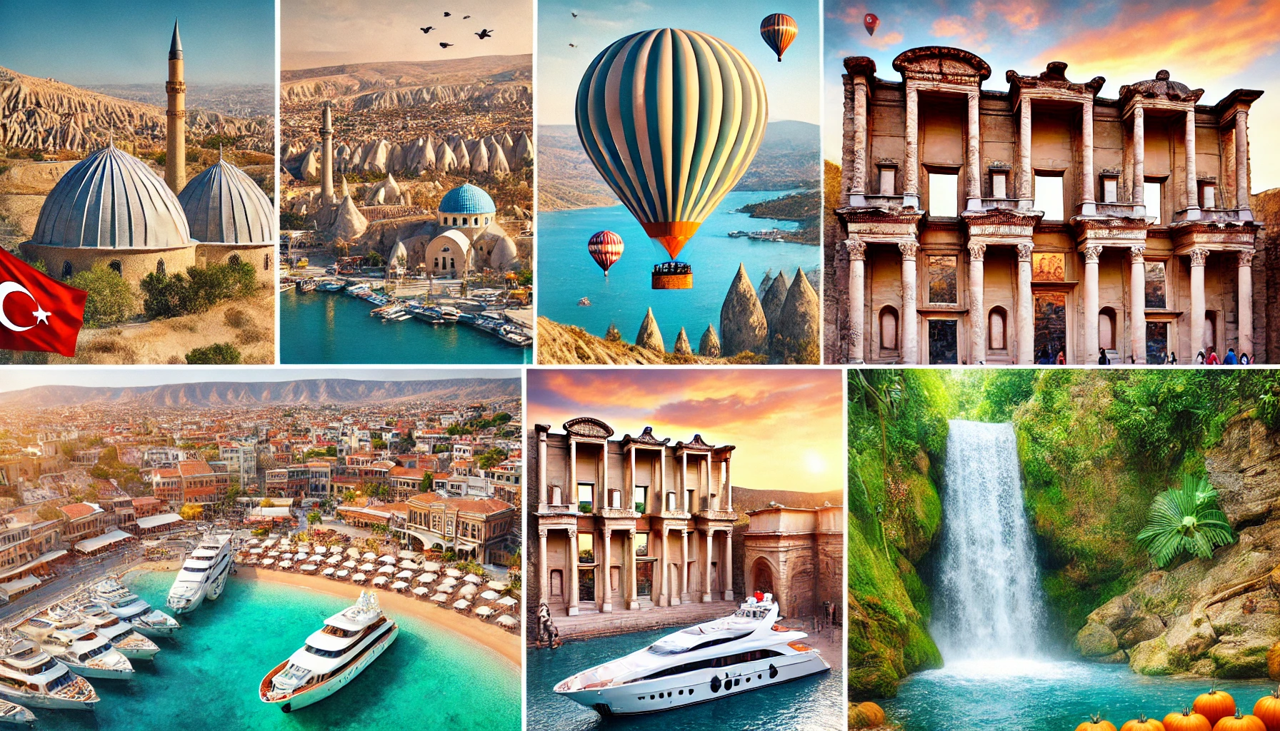 A collage showcasing the best things to do in Turkey: a hot air balloon ride over Cappadocia, a pristine beach, ancient ruins of Ephesus, a luxury yacht cruise, and a lush green waterfall.