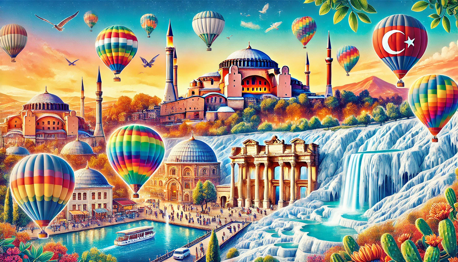 A vibrant image of popular destinations in Türkiye including Istanbul's Hagia Sophia, Cappadocia hot air balloons, Ephesus ruins, and Pamukkale travertine terraces.