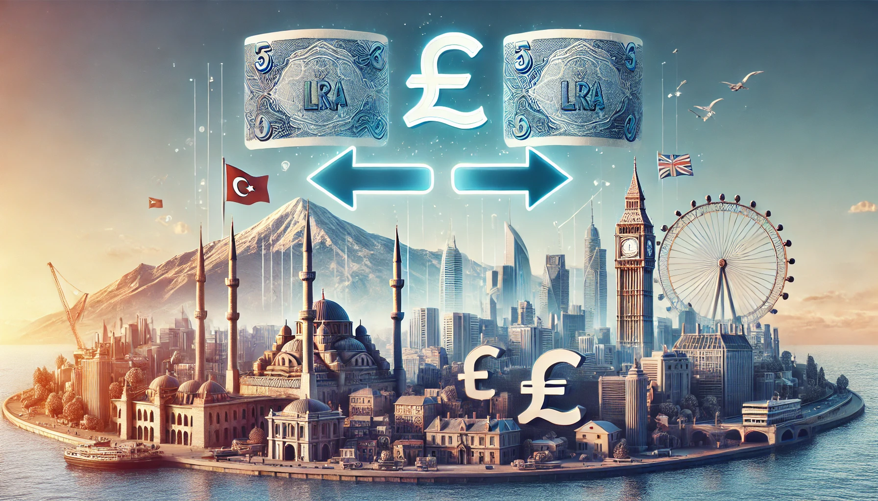 A panoramic view of a financial concept showing the exchange between Turkish Lira and British Pound. The image features symbols of the Turkish Lira and the British Pound with arrows indicating the conversion process. In the background, there are visuals of iconic landmarks from Turkey such as Mount Ararat and the Blue Mosque, and from the UK such as Big Ben and the London Eye. A clear blue sky signifies stability and growth