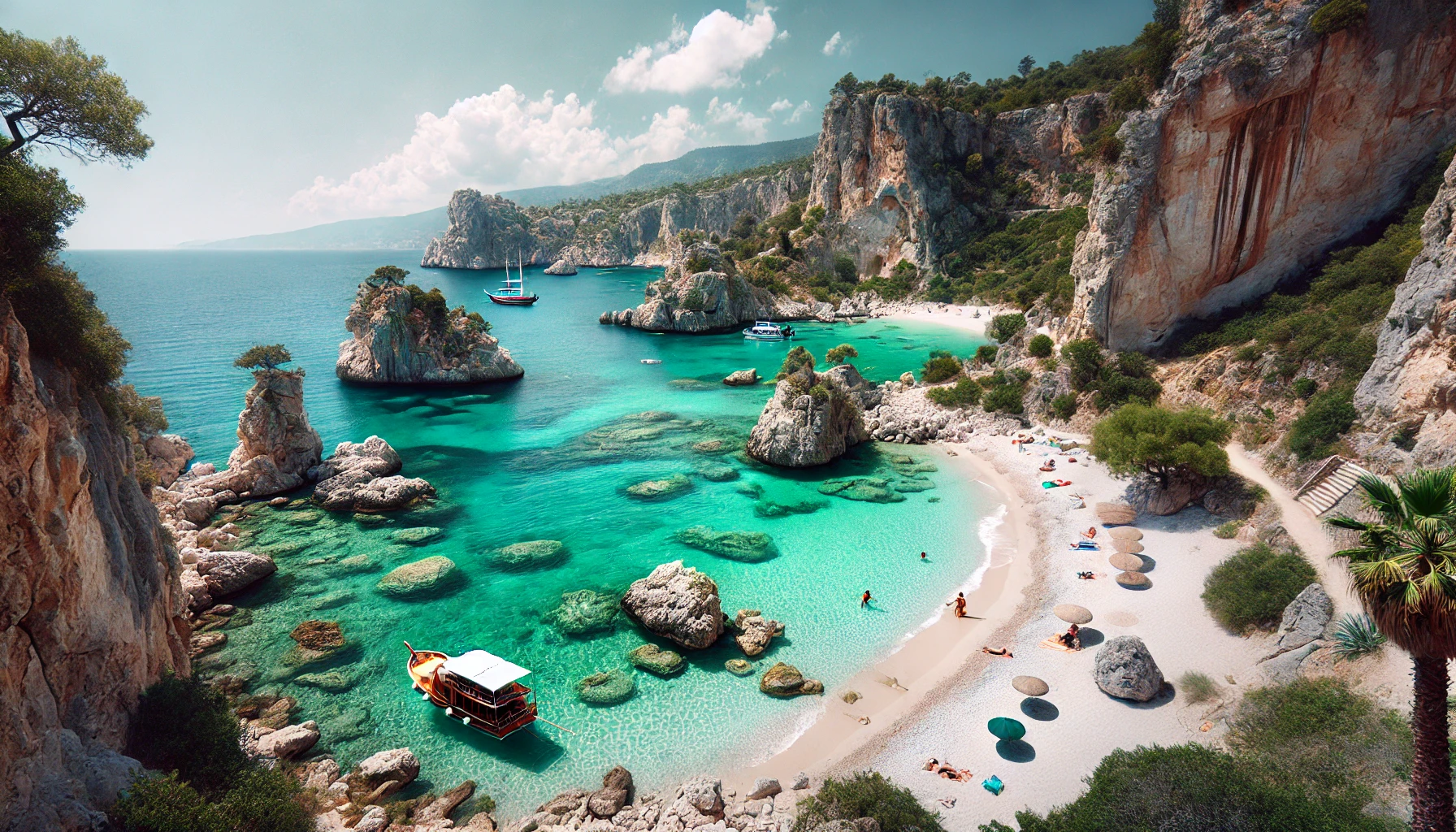 Hidden beach in Turkey with turquoise water, white sand, and rugged cliffs.