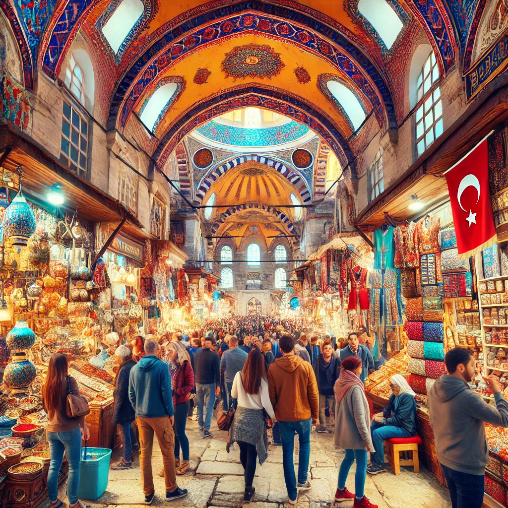 Tourists exploring the Grand Bazaar in Istanbul with colorful stalls and historical architecture.