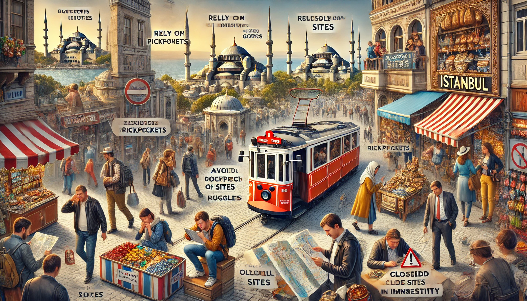 Collage of tourists in Istanbul illustrating common mistakes to avoid, with landmarks like the Blue Mosque and Hagia Sophia in the background.