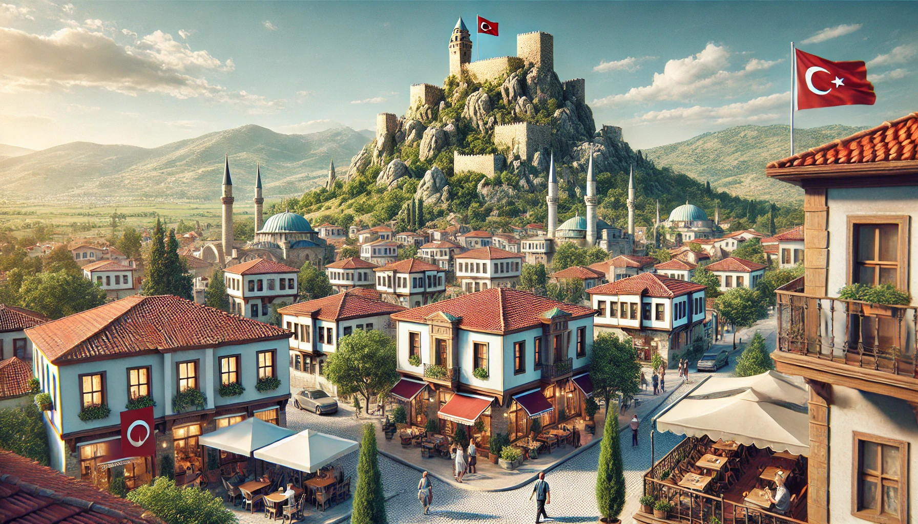 A realistic view of Afyonkarahisar, showing the Afyonkarahisar Castle atop a rocky hill, surrounded by traditional Ottoman-style houses with red-tiled roofs. The scene includes green trees, a clear blue sky, and people walking in the streets with cafes featuring outdoor seating.