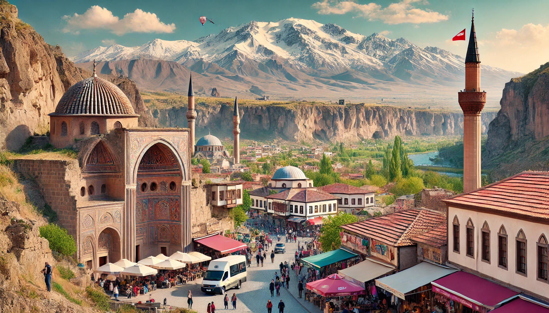 A picturesque view of Aksaray, Turkey featuring Mount Hasan, Ihlara Valley, Red Minaret Mosque, and Umbrella Street with people enjoying outdoor activities.