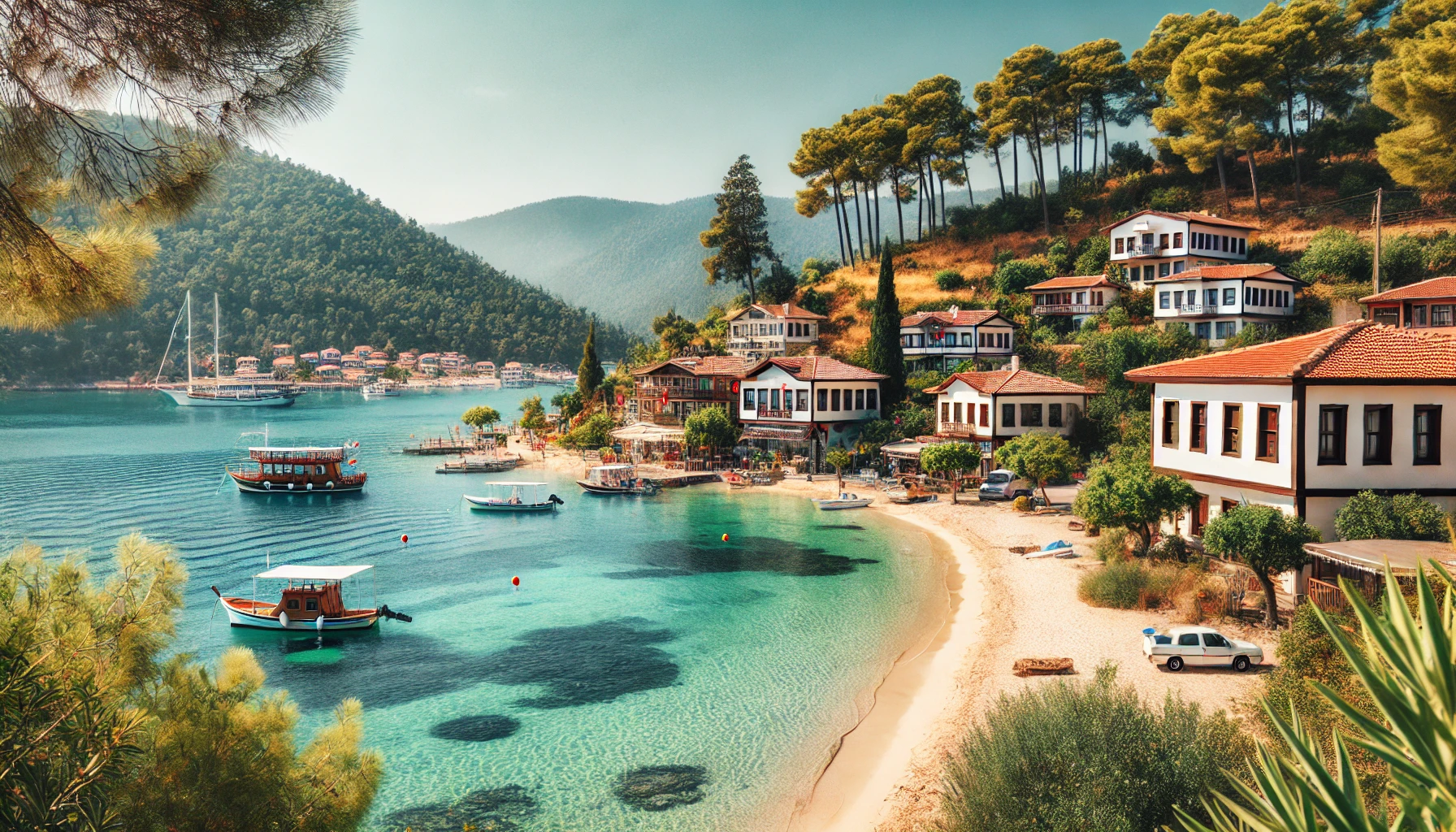 A picturesque view of Akyaka, Ula, Turkey, featuring a serene bay with clear blue waters, sandy beaches, and traditional Turkish houses with wooden balconies. The scene includes lush greenery, small fishing boats, and a backdrop of pine-clad hills.