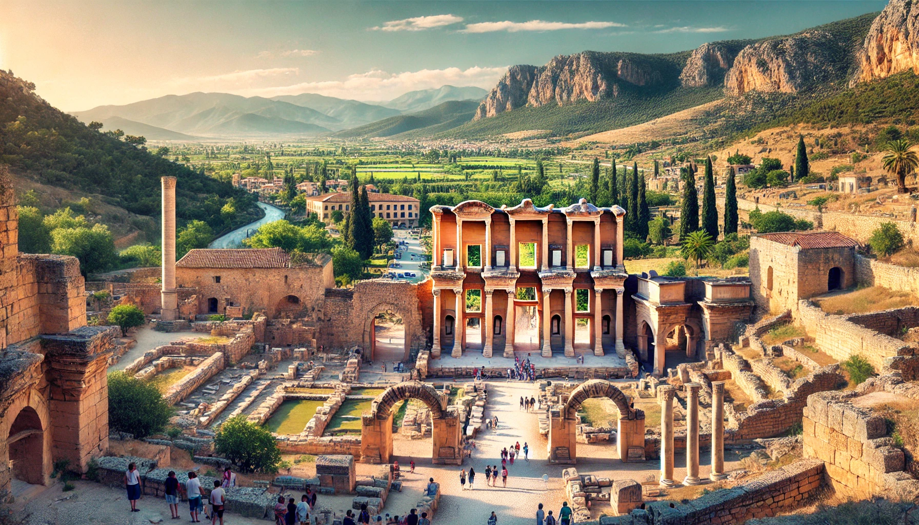 A stunning view of the ancient city of Anavarza in Adana, Turkey, featuring well-preserved ruins of Anavarza Castle, the Roman baths, and the triumphal arch, with lush green hills and clear skies in the background and tourists exploring the site.