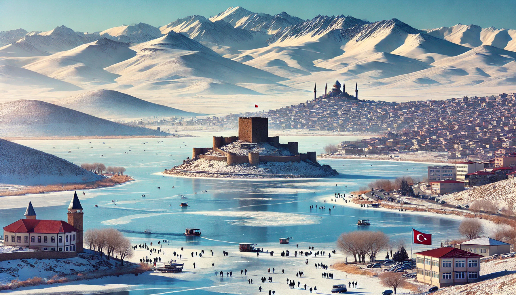 A picturesque view of Ardahan, Turkey featuring Lake Çıldır with its frozen surface in winter, Yalnızçam Mountains in the background, and Ardahan Fortress on a hill.