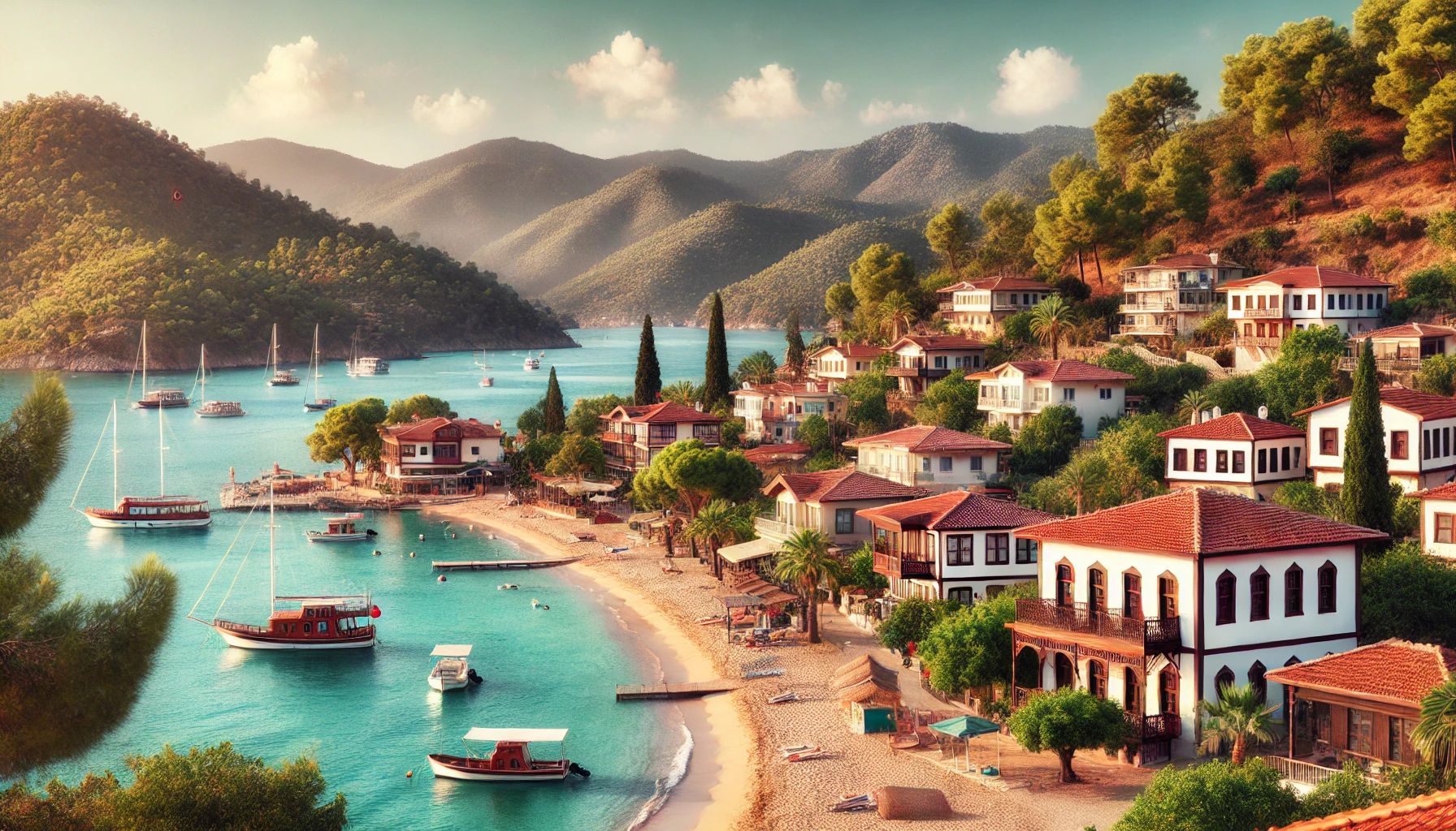 A picturesque view of Armutalan, Marmaris, Turkey, featuring clear blue waters, sandy beaches, traditional Turkish houses with wooden balconies, and lush green hills. The scene includes small fishing boats and a backdrop of pine-clad hills.