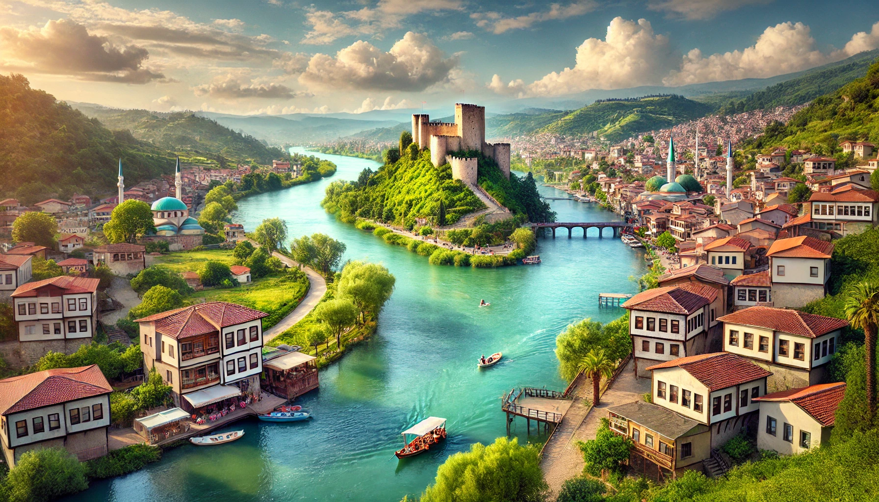 A scenic view of Bartın, Turkey featuring the Bartın River, Bartın Castle on a hill, lush green landscapes, traditional houses along the riverbank, and the coastal town of Amasra with the Black Sea in the background.