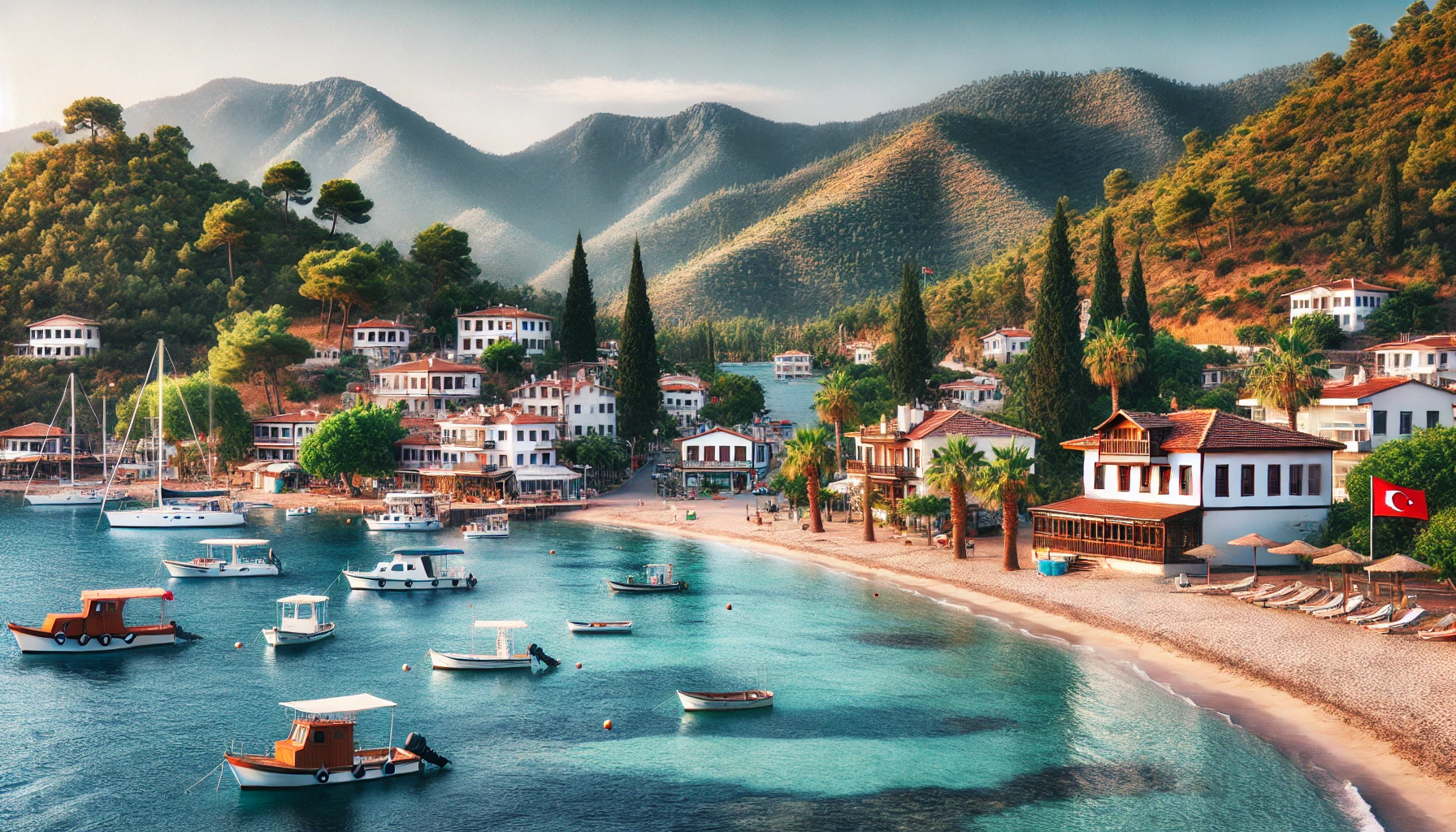 A picturesque view of Beldibi, Marmaris, Turkey, featuring clear blue waters, sandy beaches, traditional Turkish houses with wooden balconies, and lush green hills. The scene includes small fishing boats and a backdrop of pine-clad hills.