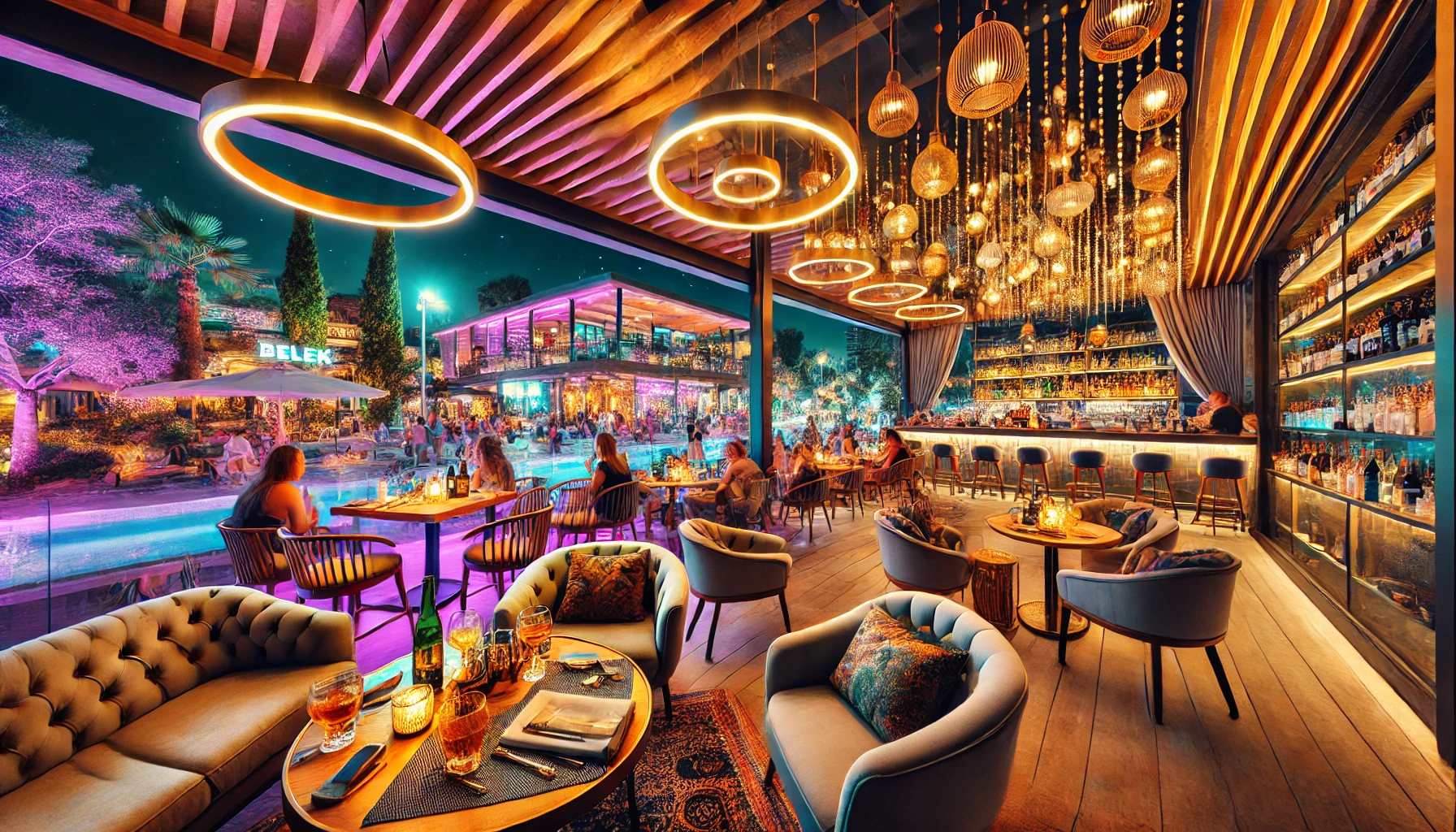 Vibrant nightlife scene in Belek, Turkey with people enjoying drinks at a stylish bar with ambient lighting.