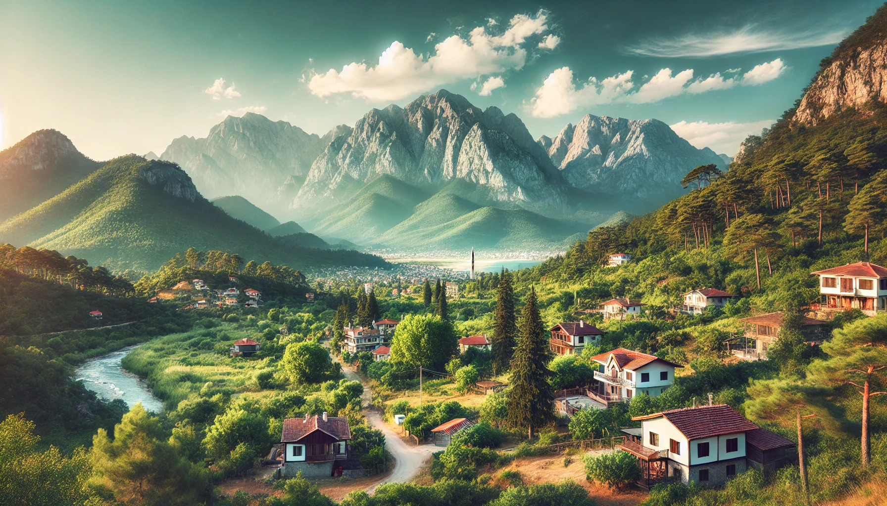 A picturesque view of Beycik, Kemer, Turkey, featuring the lush green foothills of Mount Olympos, traditional Turkish houses, and clear blue skies. The scene includes scenic hiking trails and a peaceful village setting with a backdrop of the majestic mountain landscape.