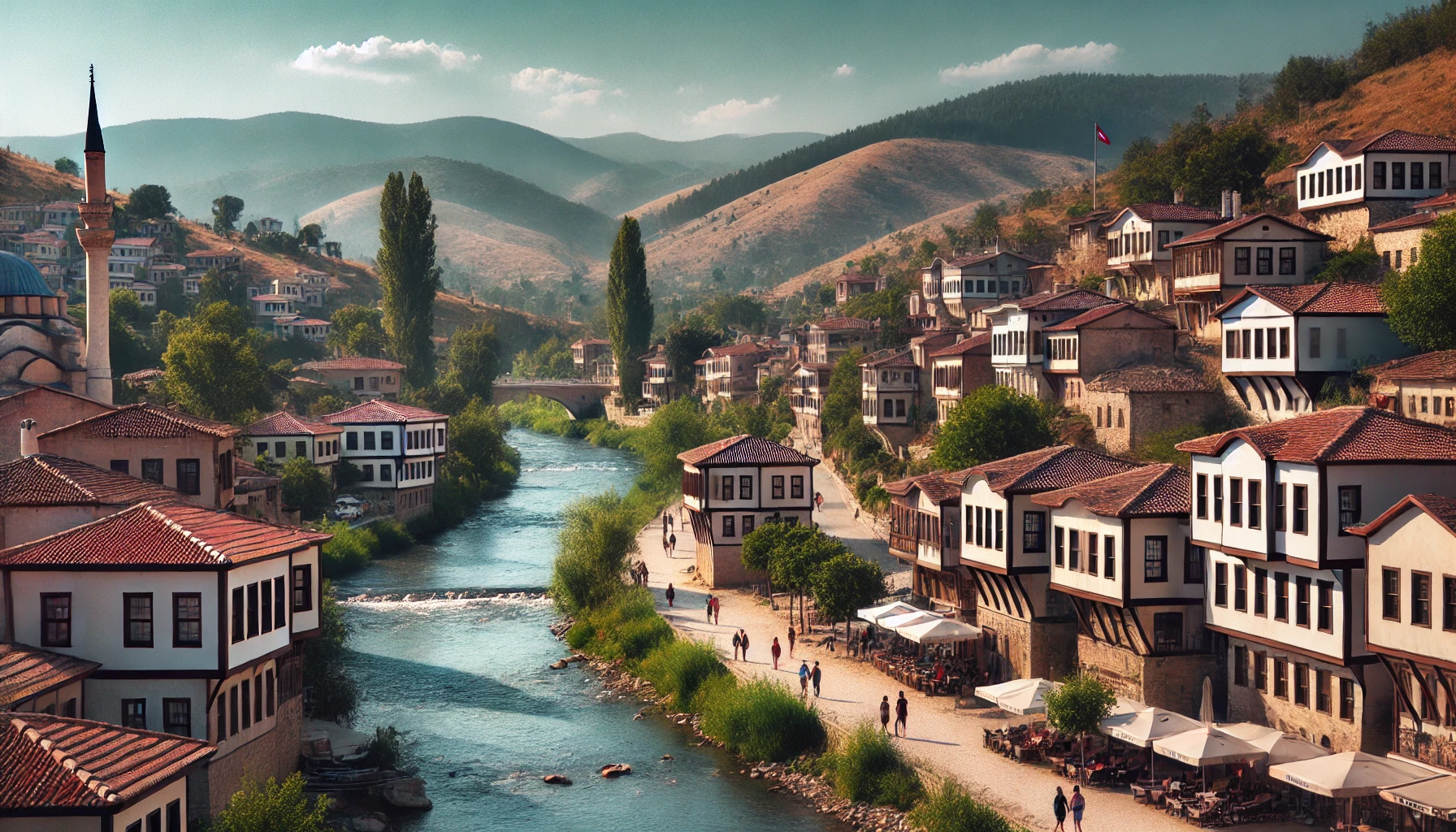 A picturesque view of Bilecik, Turkey featuring restored Turkish houses with traditional architecture, the Karasu River flowing through the city, and lush green hills in the background.