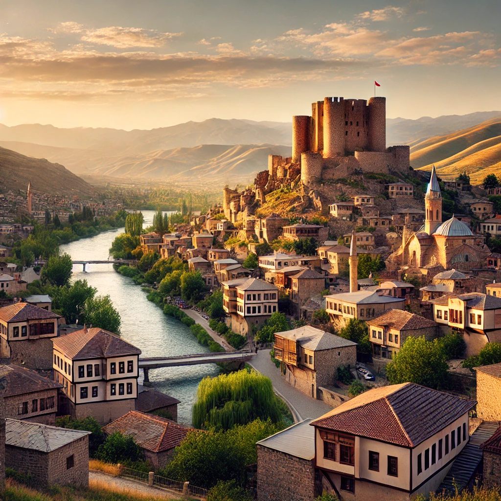 A picturesque view of Bitlis, Turkey, featuring a historic medieval castle on a steep hill, surrounded by traditional stone houses with flat roofs and narrow winding streets.