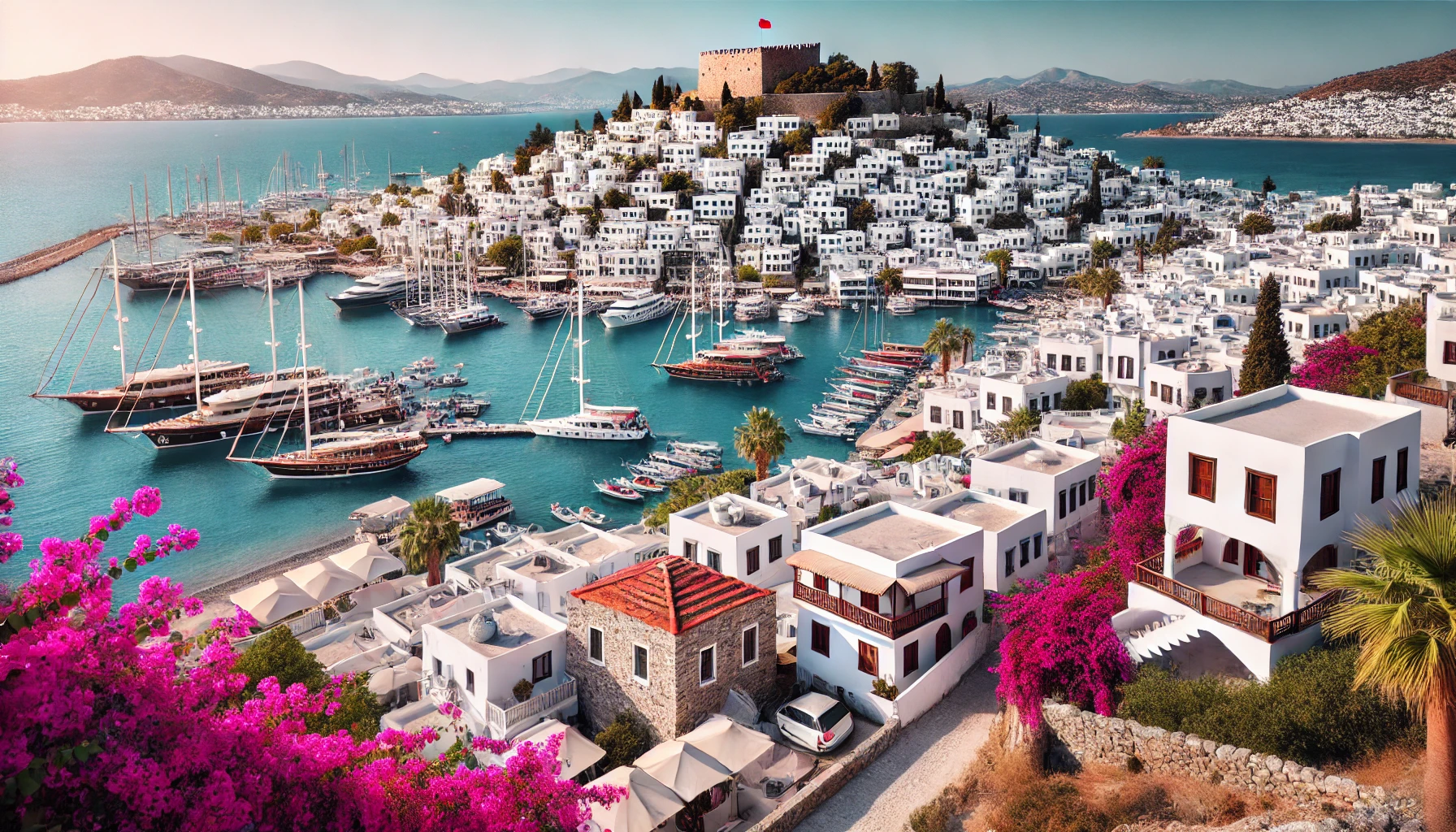 A stunning view of Bodrum Peninsula in Turkey, featuring whitewashed houses with flat roofs on terraced hillsides, a picturesque marina with yachts, and the formidable Castle of St. Peter, adorned with vibrant pink and purple bougainvillea cascading from the houses, all set against the clear blue sea and sky.