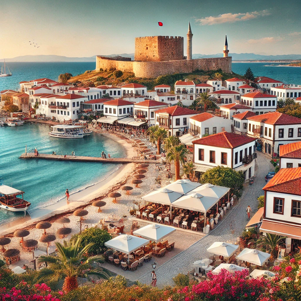 Picturesque view of Bozcaada, Turkey's third-largest island, featuring pristine beaches, Bozcaada Castle, whitewashed houses with colorful flowers, and a bustling town square.