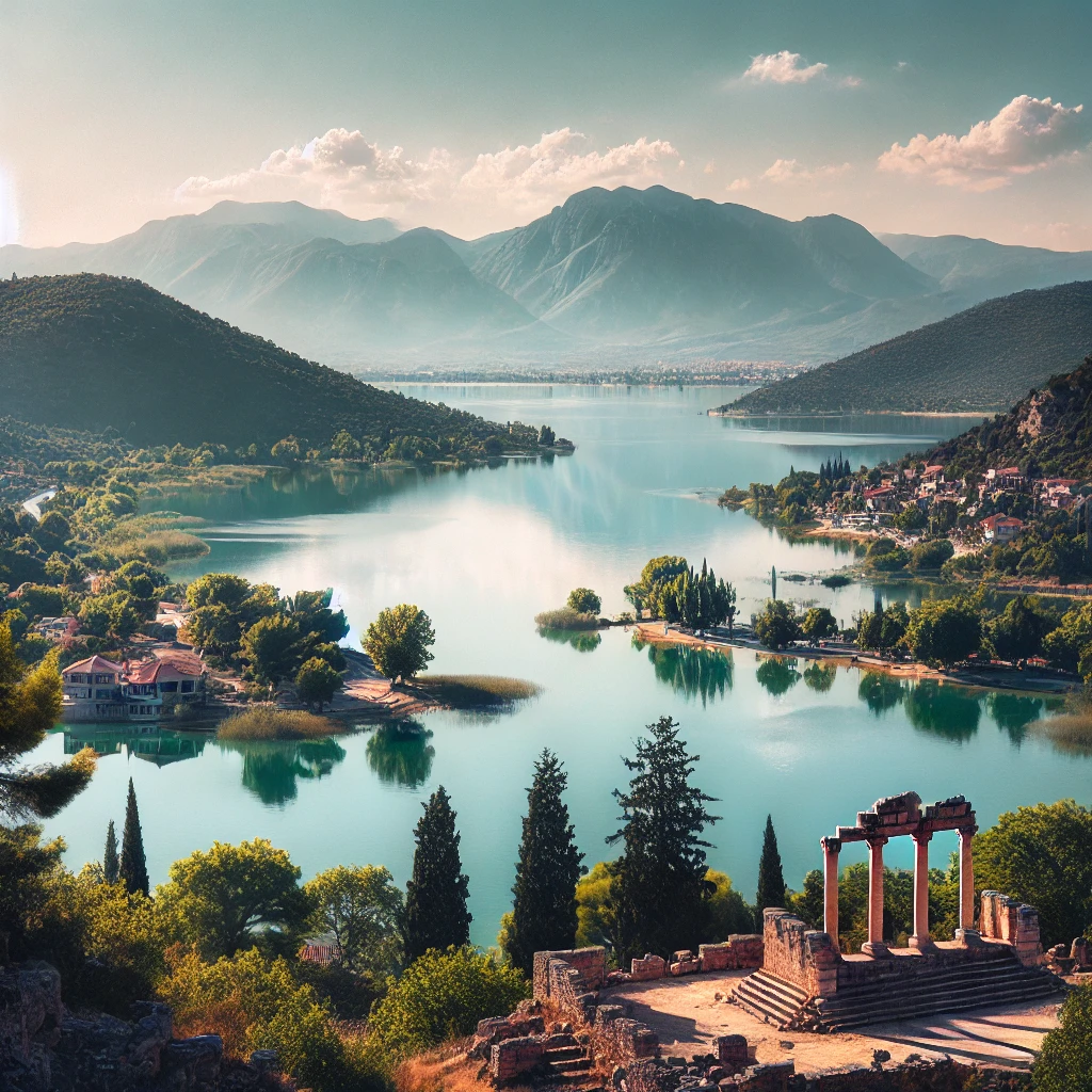 A picturesque view of Burdur, Turkey, showcasing the serene Lake Burdur with its calm waters reflecting the surrounding mountains and lush greenery.