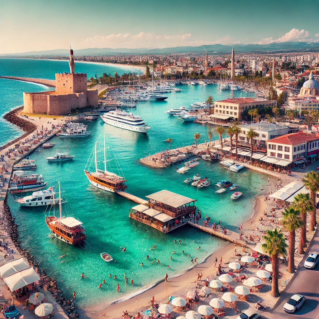 A beautiful coastal view of Çeşme, Turkey with a vibrant marina, historic Çeşme Castle, and people enjoying the beach.