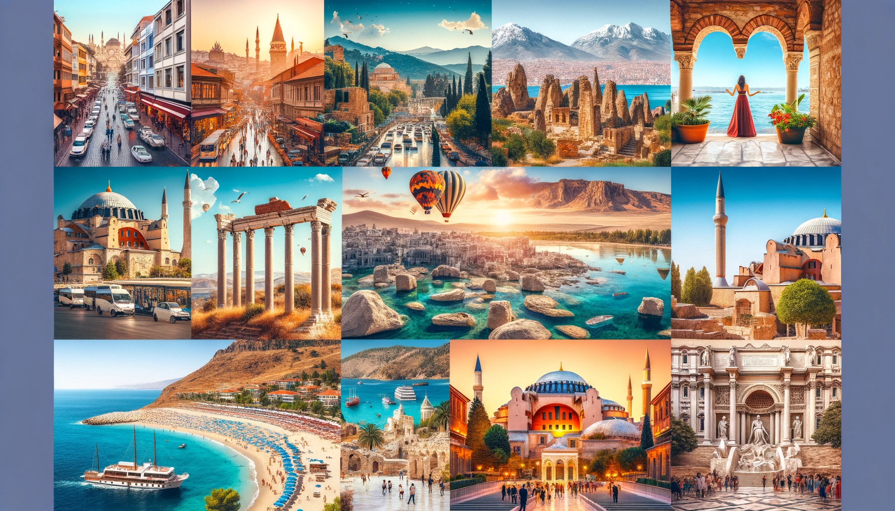 Collage showcasing various destinations in Turkey, including the bustling streets of Istanbul, the ancient ruins of Ephesus, the unique landscapes of Cappadocia, the stunning coastlines of Antalya, the legendary city of Troy, the natural beauty of Pamukkale, the modern capital Ankara, and the coastal gem Bodrum.