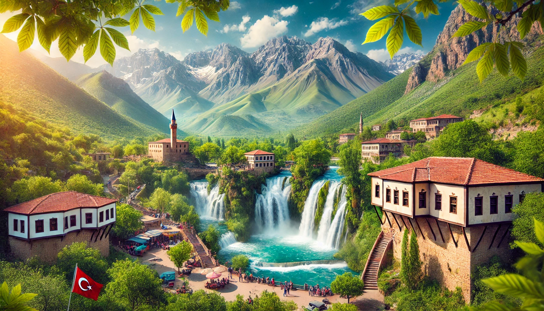 A picturesque view of Erzincan, Turkey with the Munzur Mountains in the background, Girlevik Waterfalls cascading down lush green surroundings, and the historical Tercan Mama Hatun Complex in the foreground.