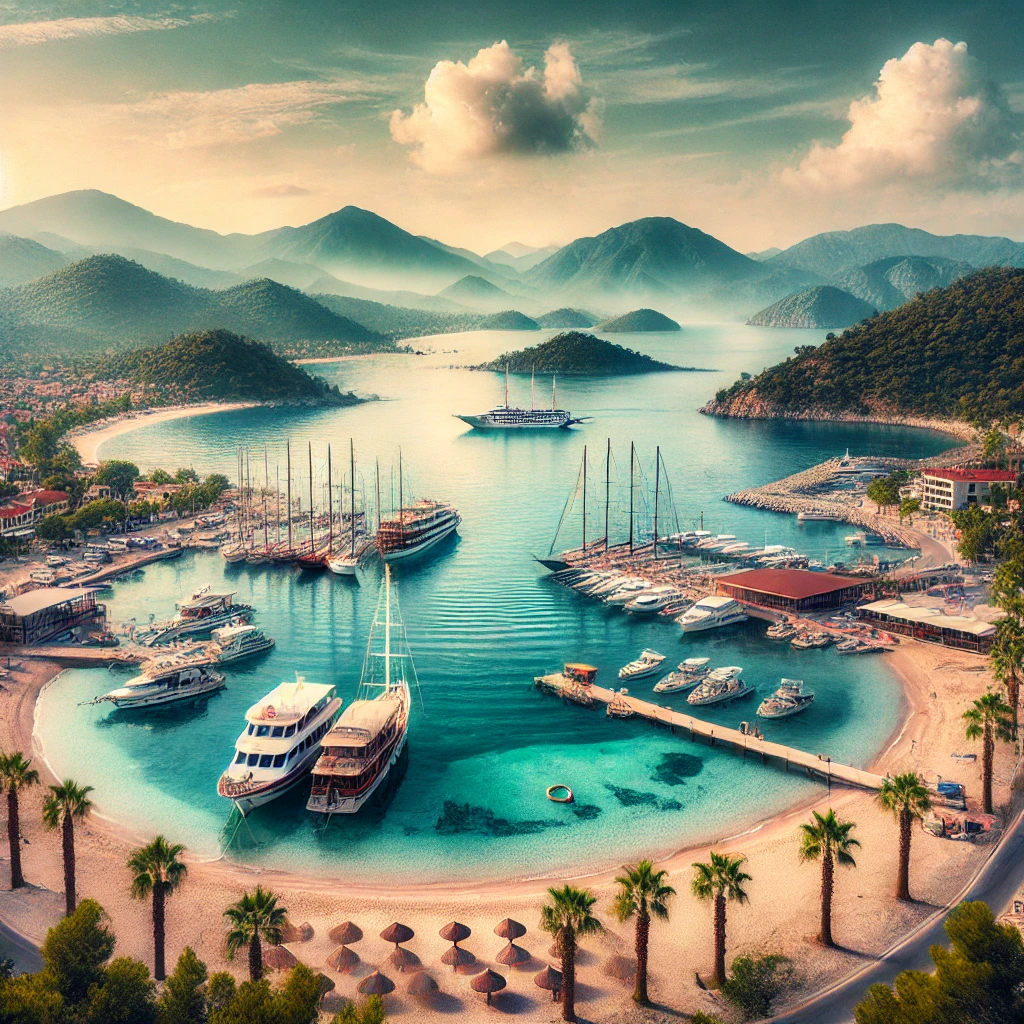 A picturesque view of Finike, Turkey featuring its serene marina with yachts and fishing boats, the pristine beach with clear blue waters, and the backdrop of lush green mountains.